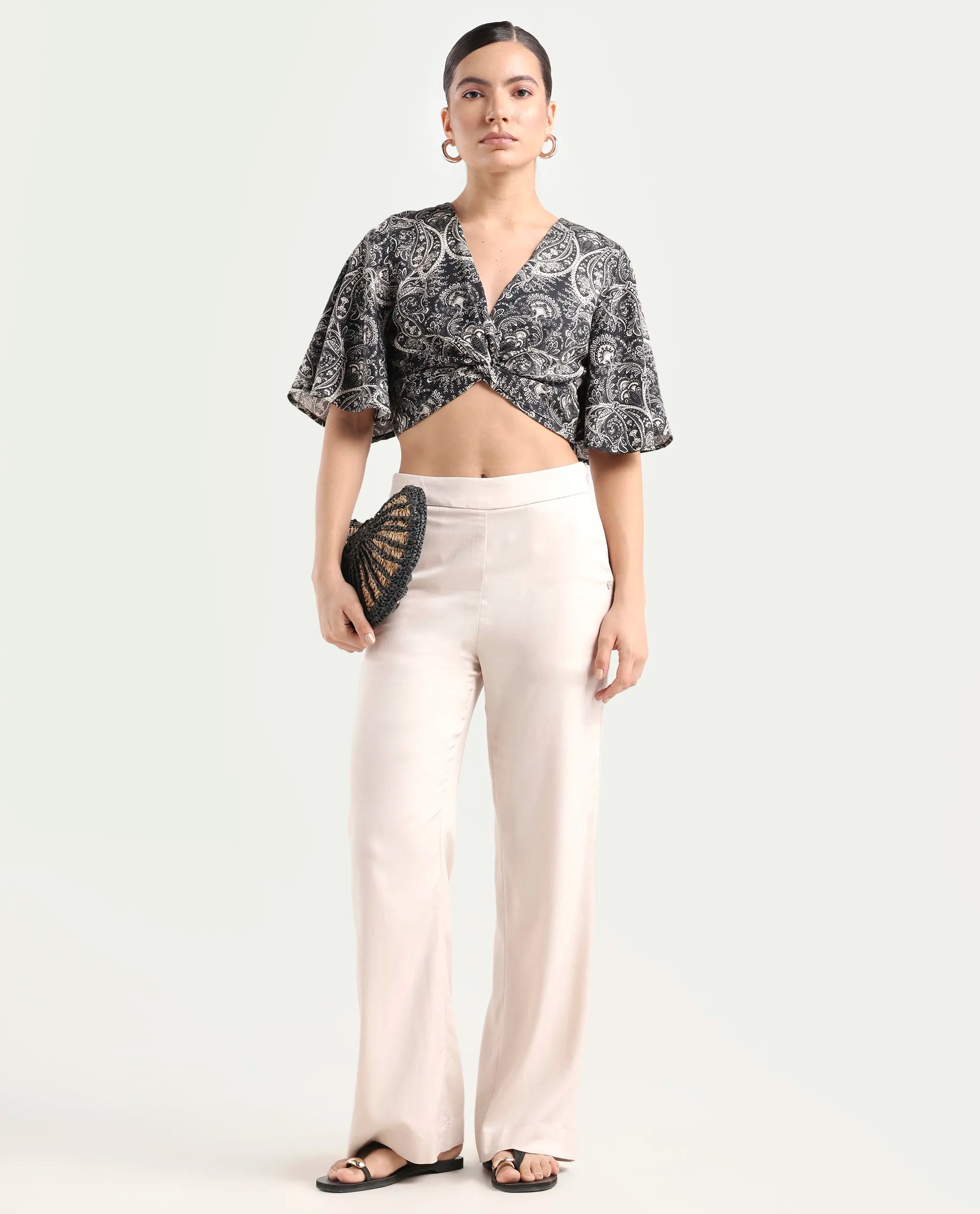Rareism Women's Clarence Black Cotton Blend V-Neck Paisley Print Flared Sleeve Crop Regular Fit Top