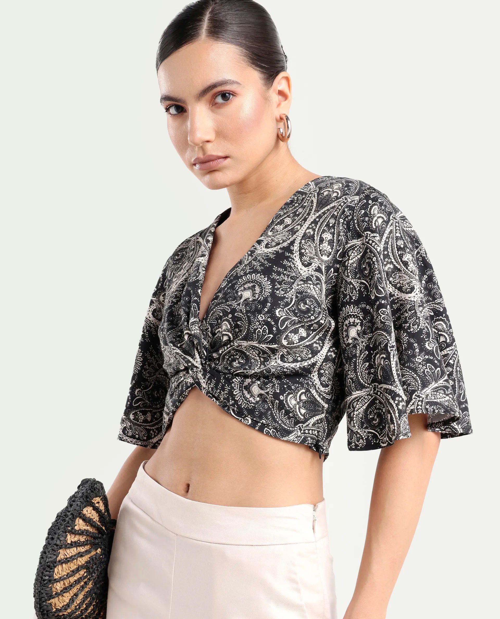 Rareism Women's Clarence Black Cotton Blend V-Neck Paisley Print Flared Sleeve Crop Regular Fit Top