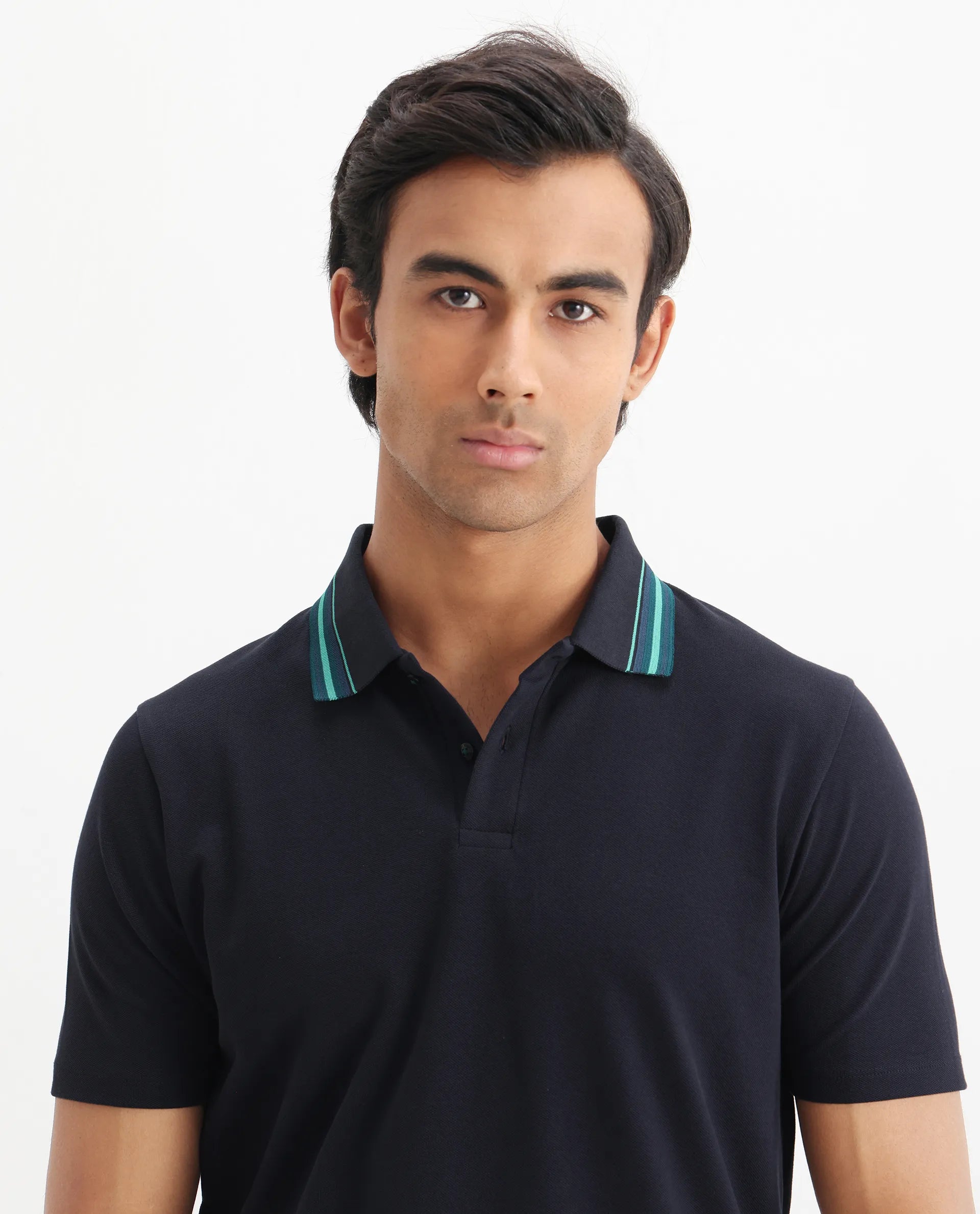 Rare Rabbit Men's Clark Dark Navy Cotton Plain Regular Fit Half Sleeve Polo