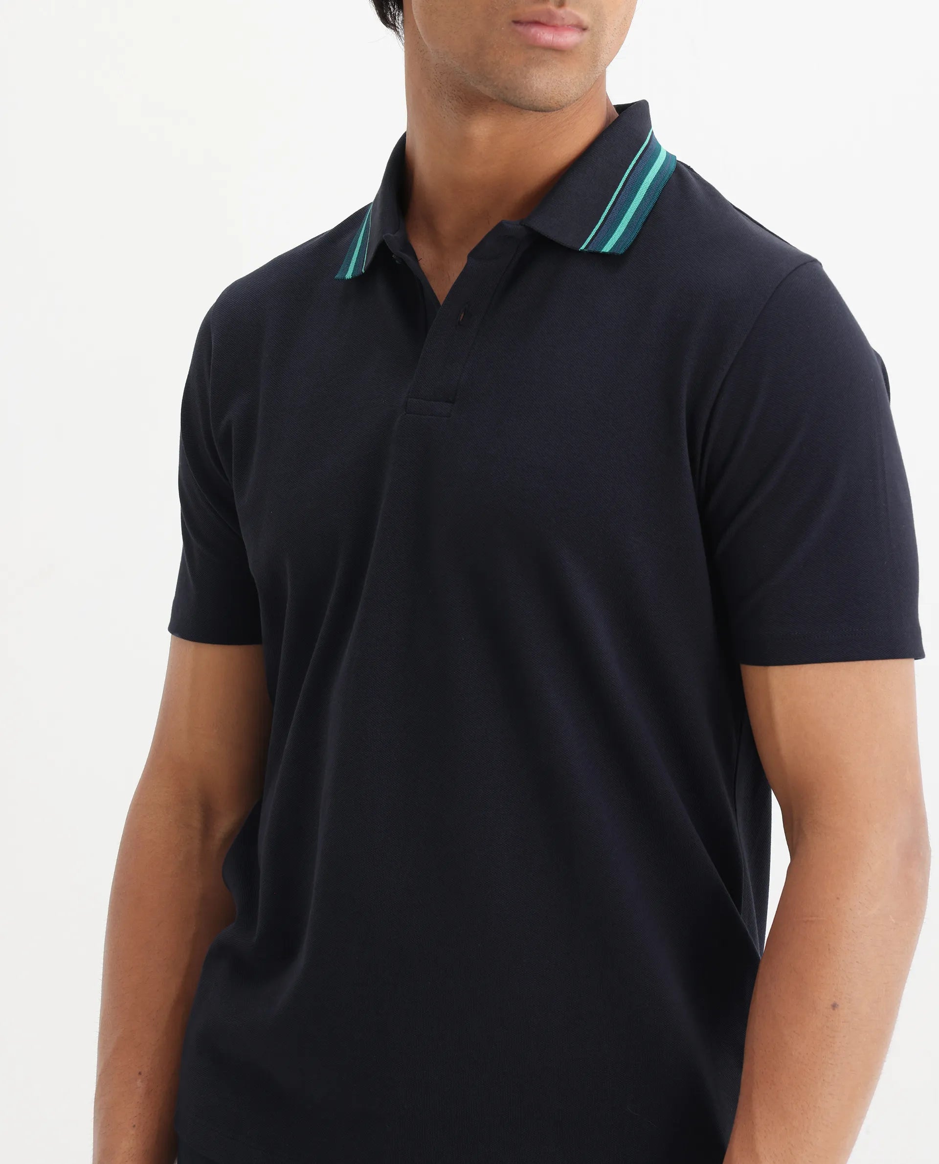 Rare Rabbit Men's Clark Dark Navy Cotton Plain Regular Fit Half Sleeve Polo