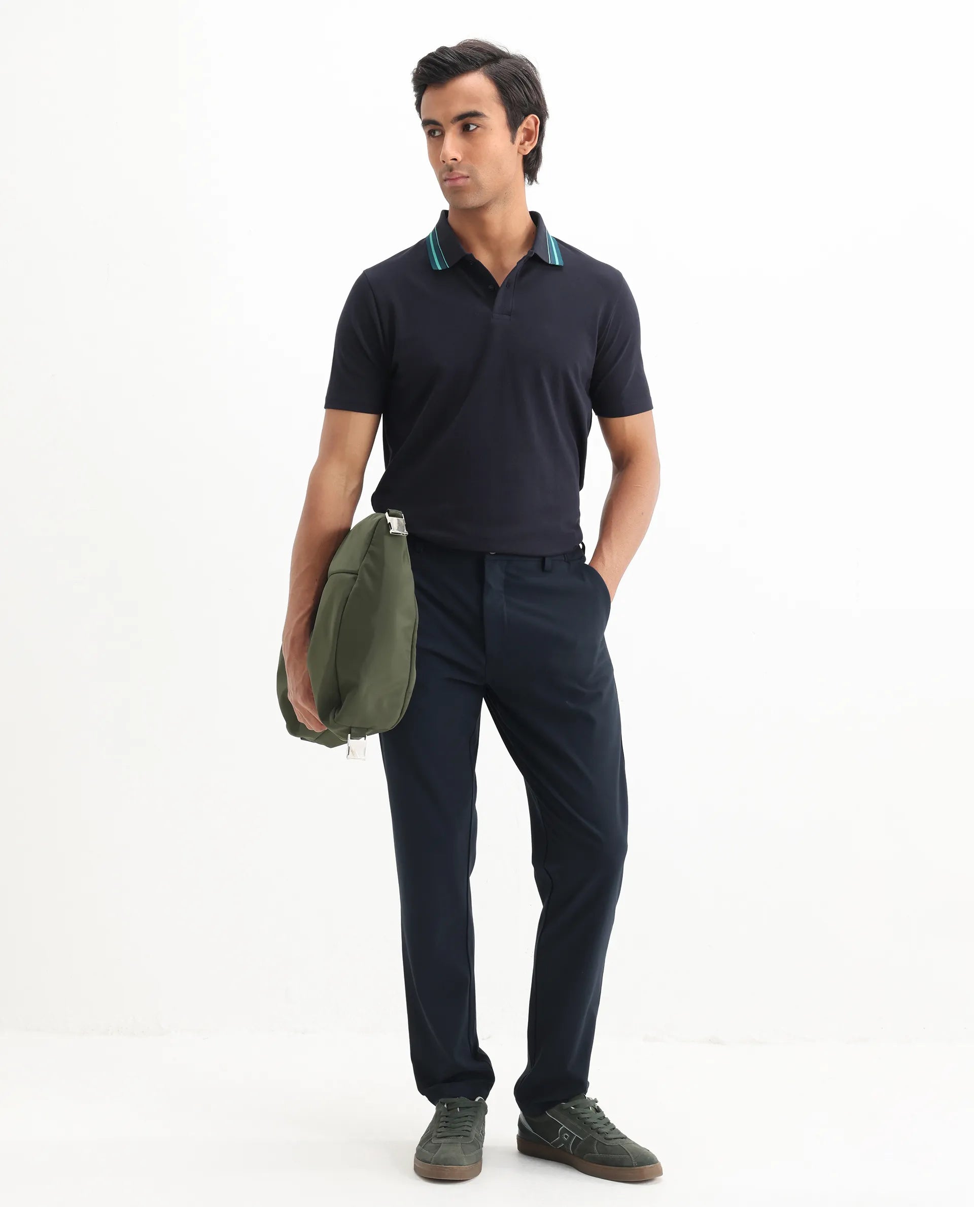 Rare Rabbit Men's Clark Dark Navy Cotton Plain Regular Fit Half Sleeve Polo