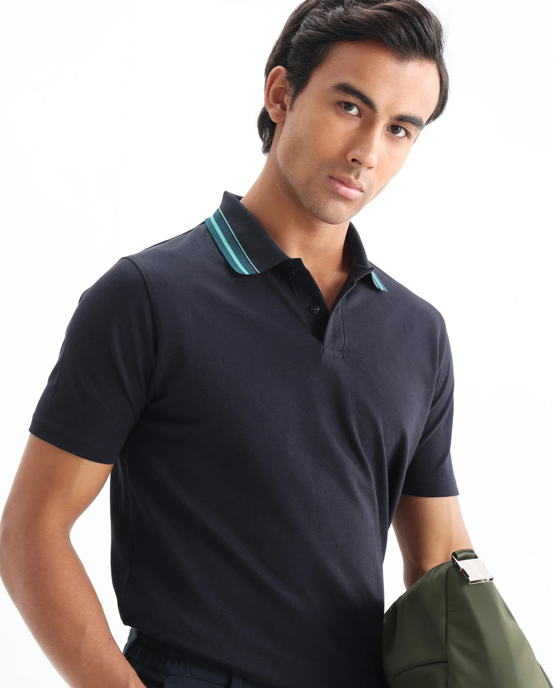 Rare Rabbit Men's Clark Dark Navy Cotton Plain Regular Fit Half Sleeve Polo