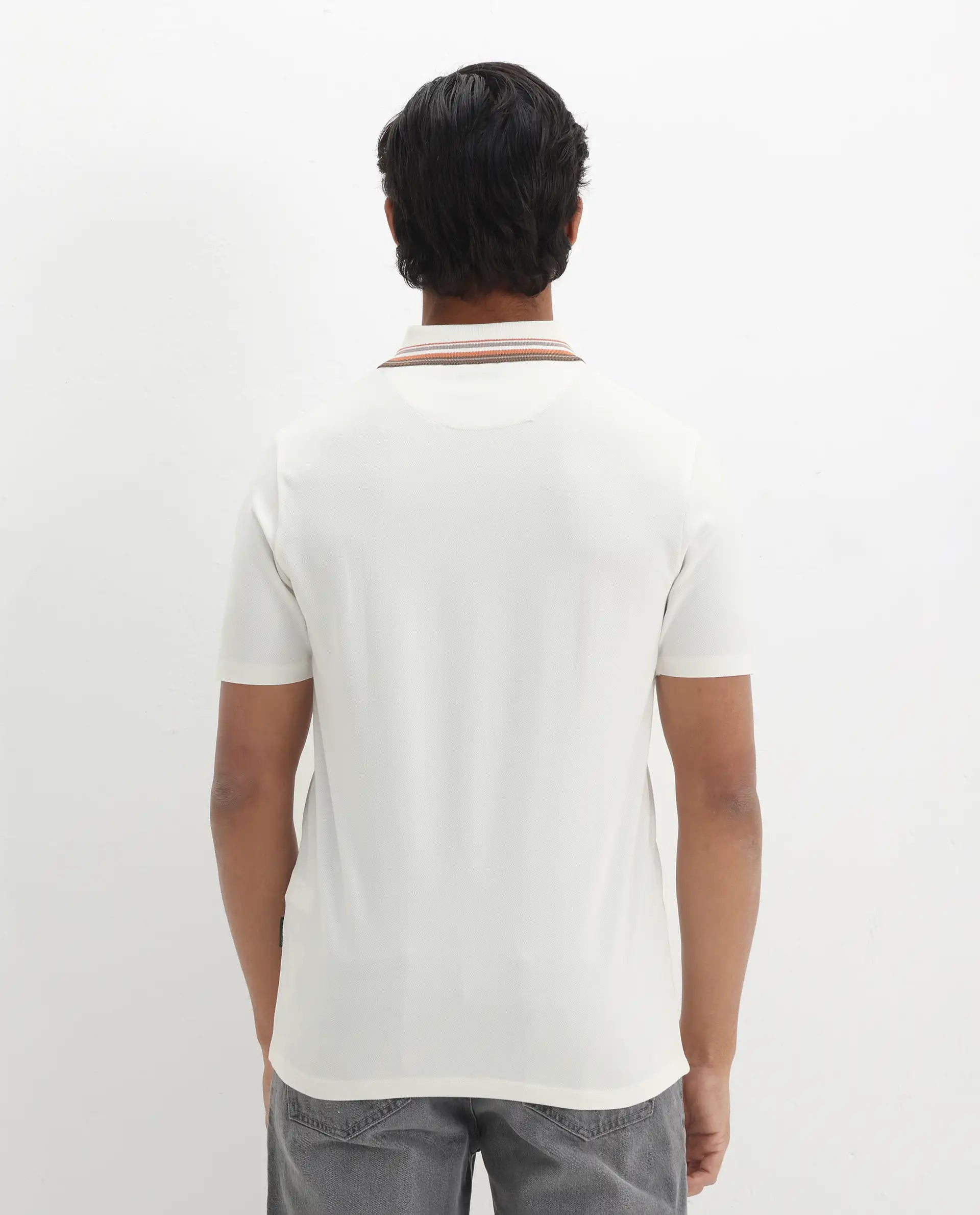 Rare Rabbit Men's Clark Off White Cotton Plain Regular Fit Half Sleeve Polo