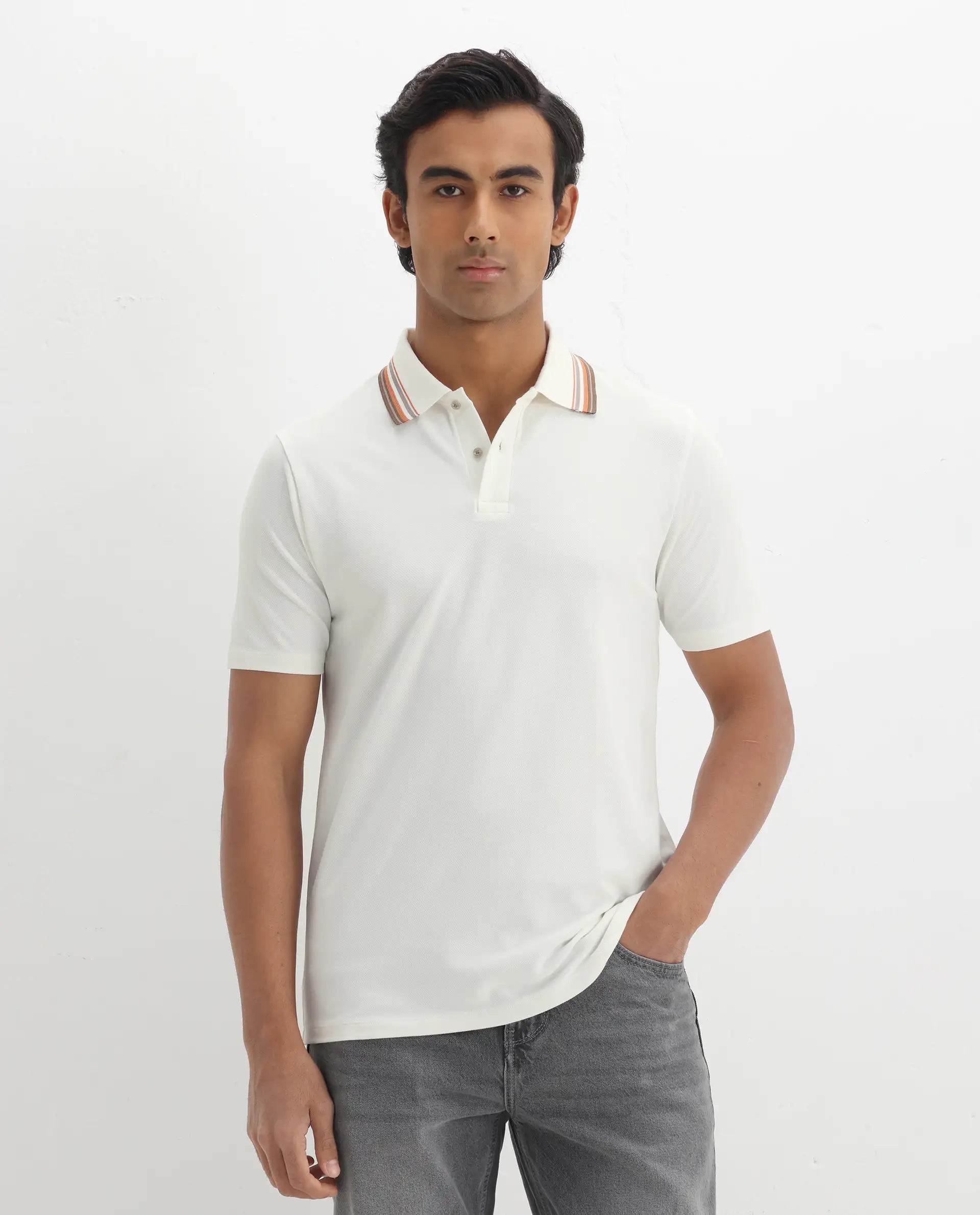 Rare Rabbit Men's Clark Off White Cotton Plain Regular Fit Half Sleeve Polo