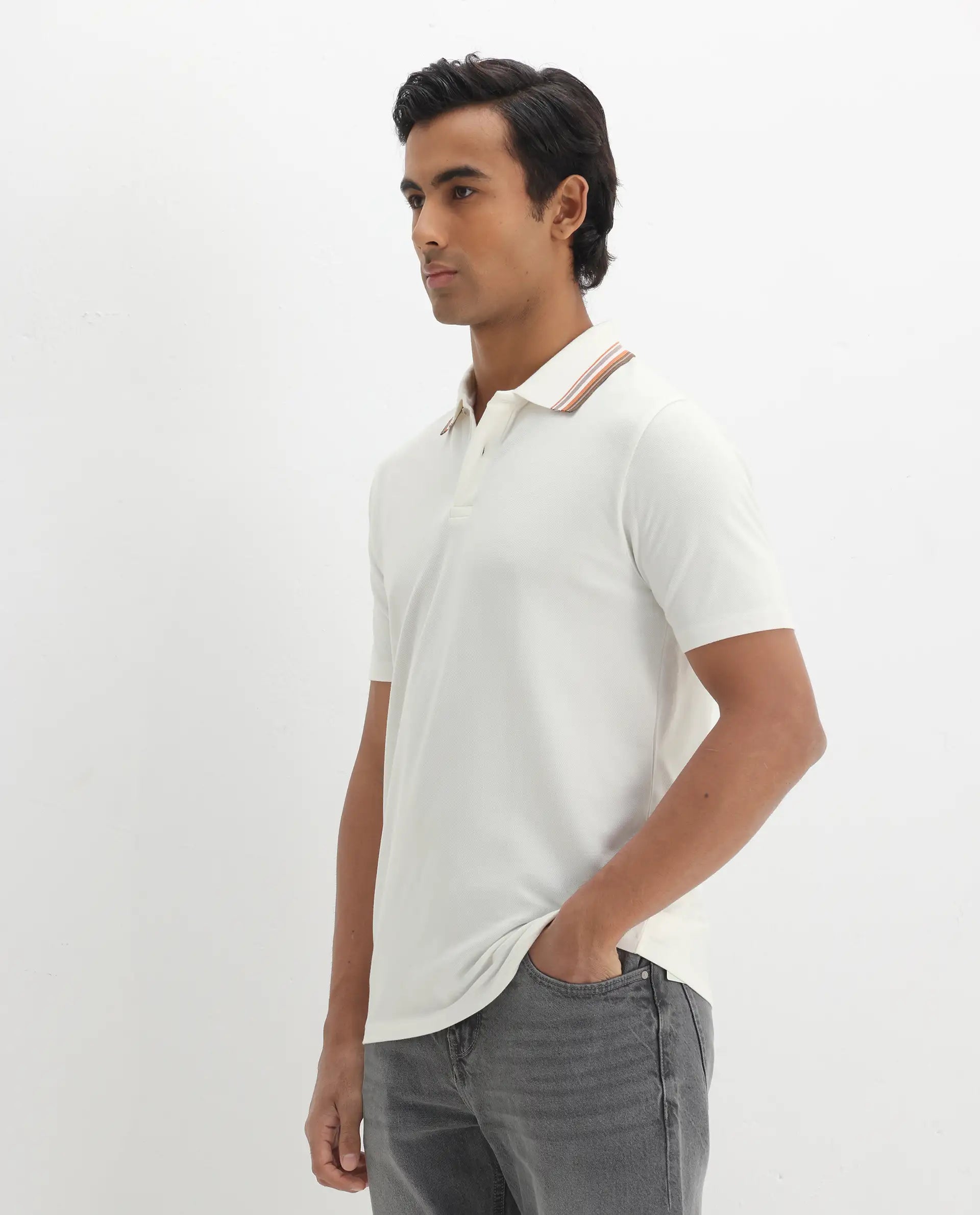 Rare Rabbit Men's Clark Off White Cotton Plain Regular Fit Half Sleeve Polo