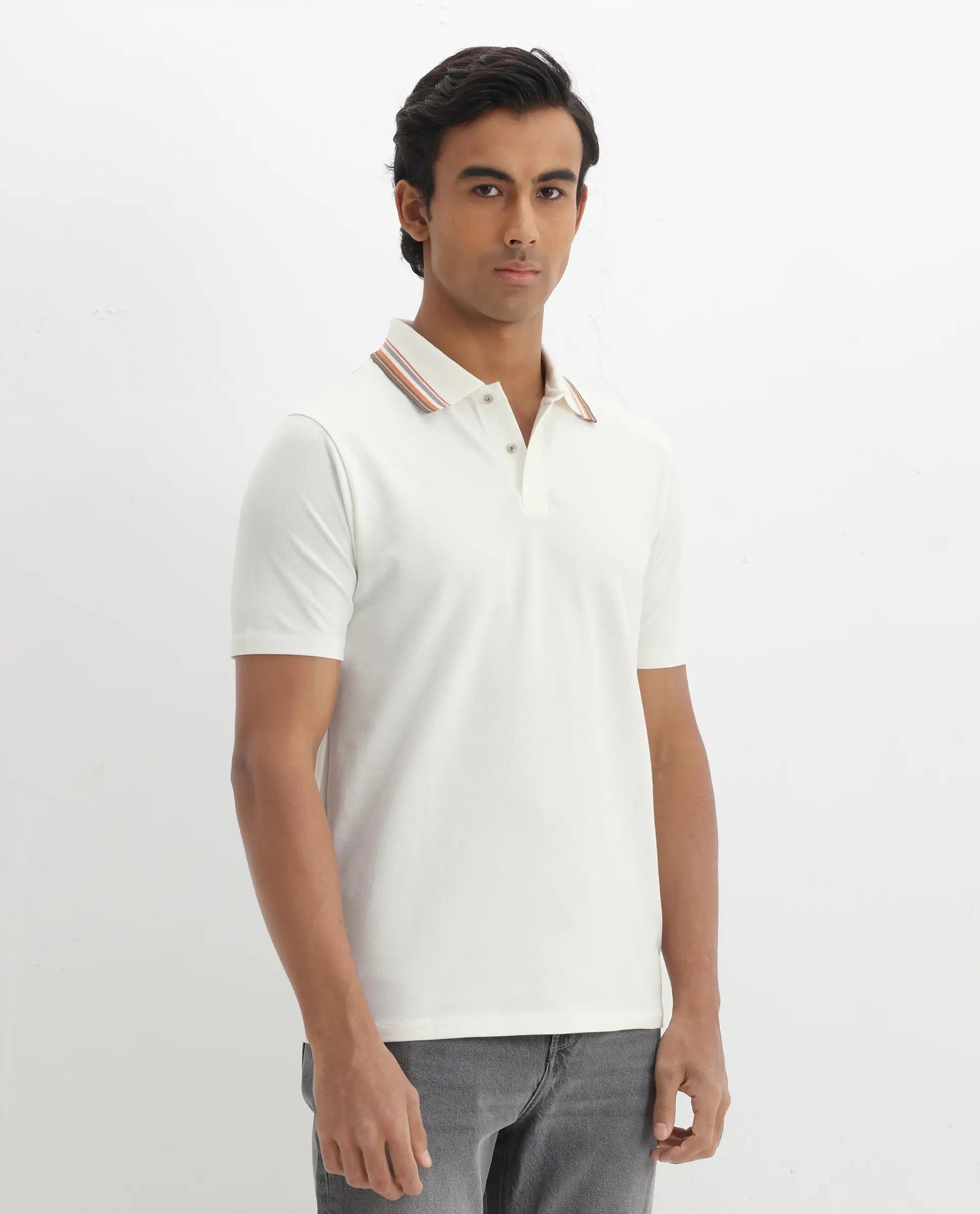Rare Rabbit Men's Clark Off White Cotton Plain Regular Fit Half Sleeve Polo