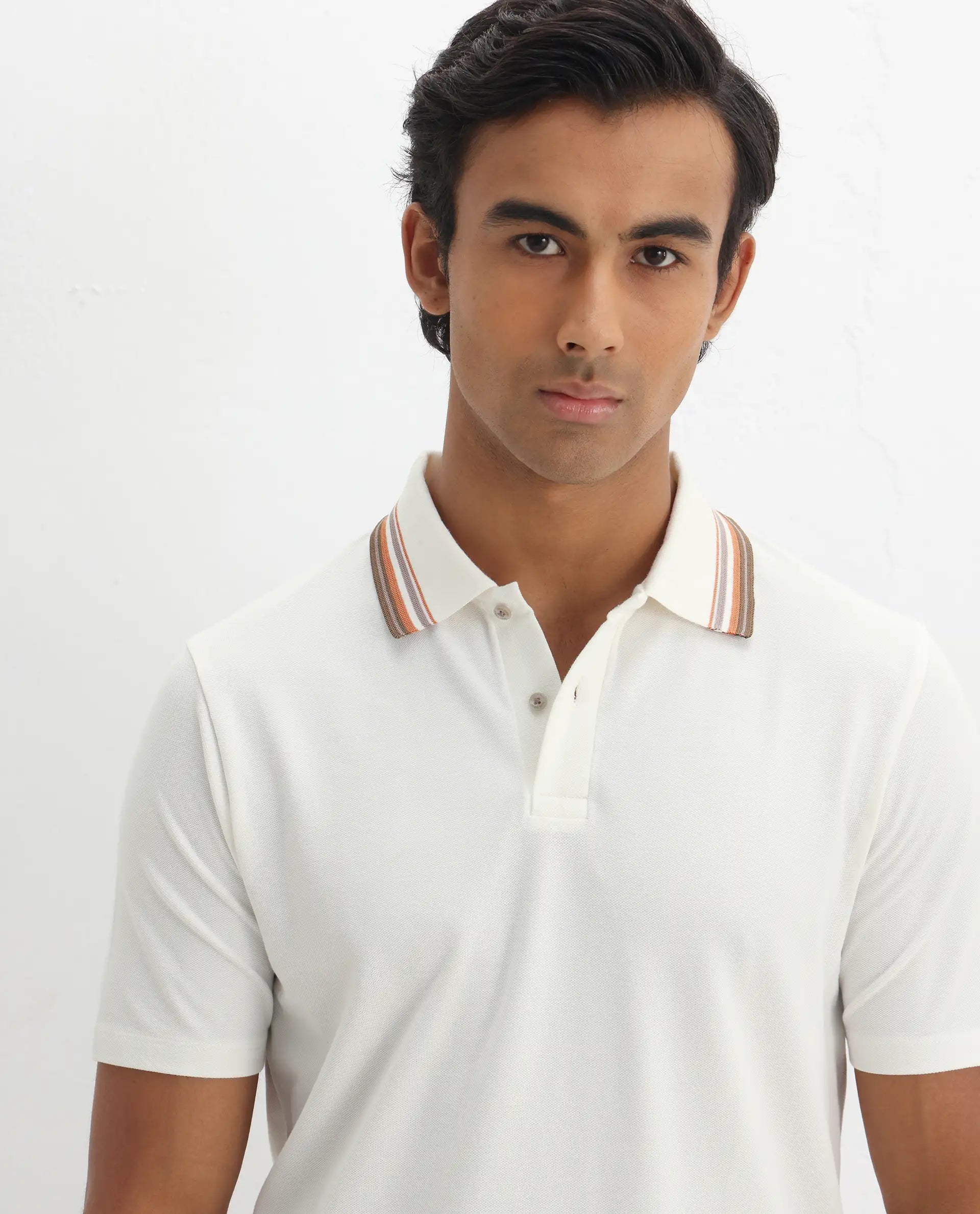 Rare Rabbit Men's Clark Off White Cotton Plain Regular Fit Half Sleeve Polo