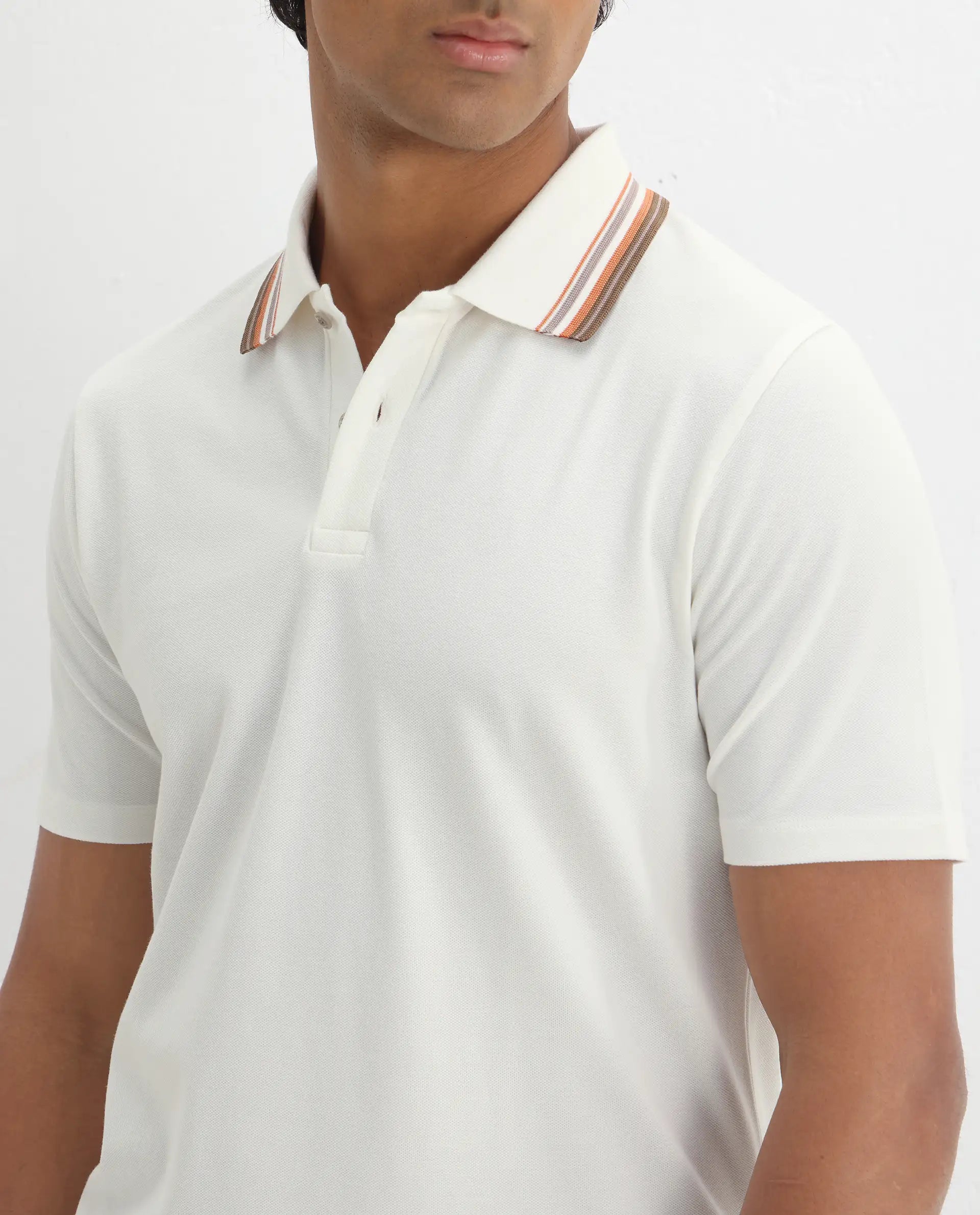 Rare Rabbit Men's Clark Off White Cotton Plain Regular Fit Half Sleeve Polo