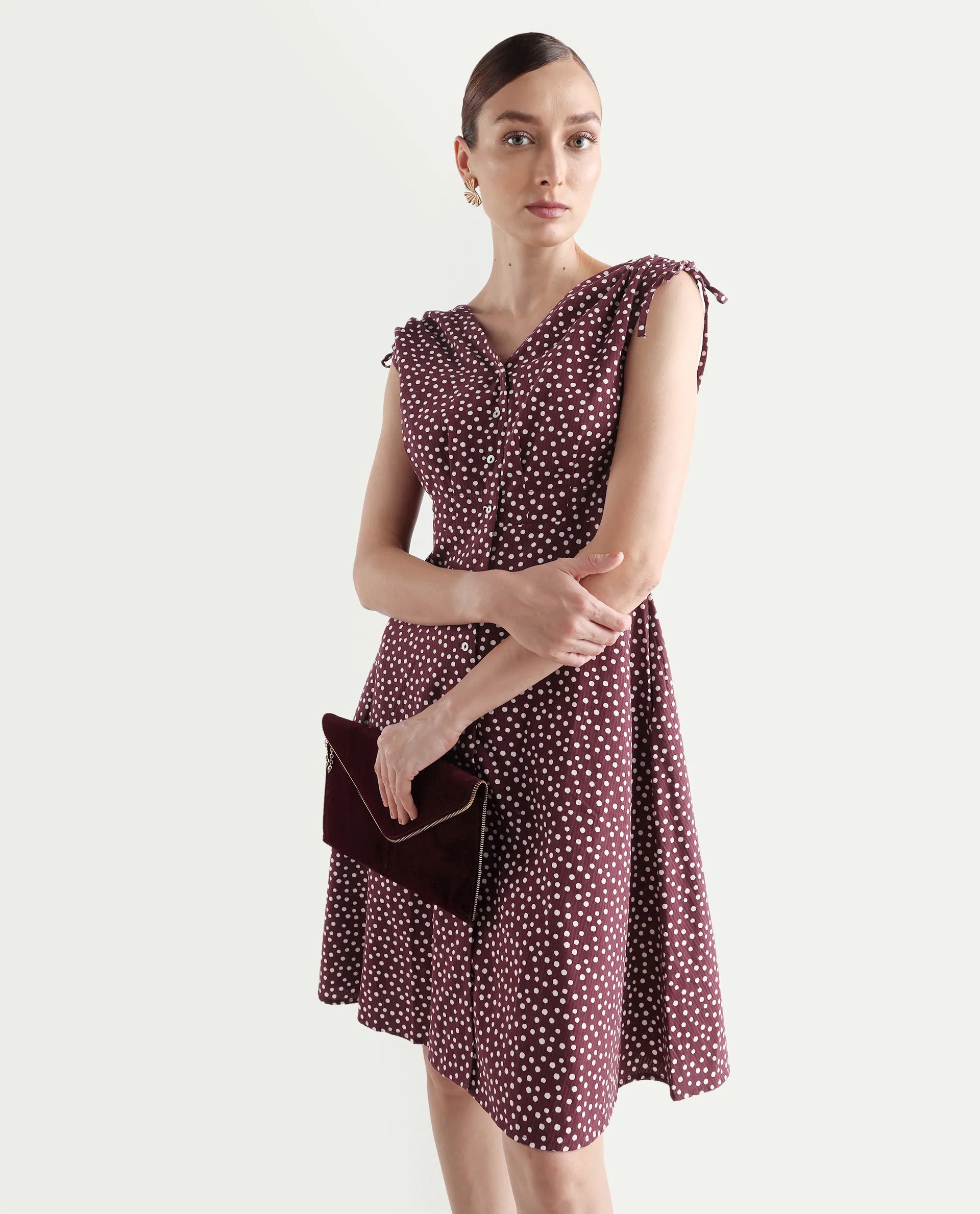 Rareism Women's Clarta Brown V-Neck Polka Print Sleeveless Midi A-Line Dress