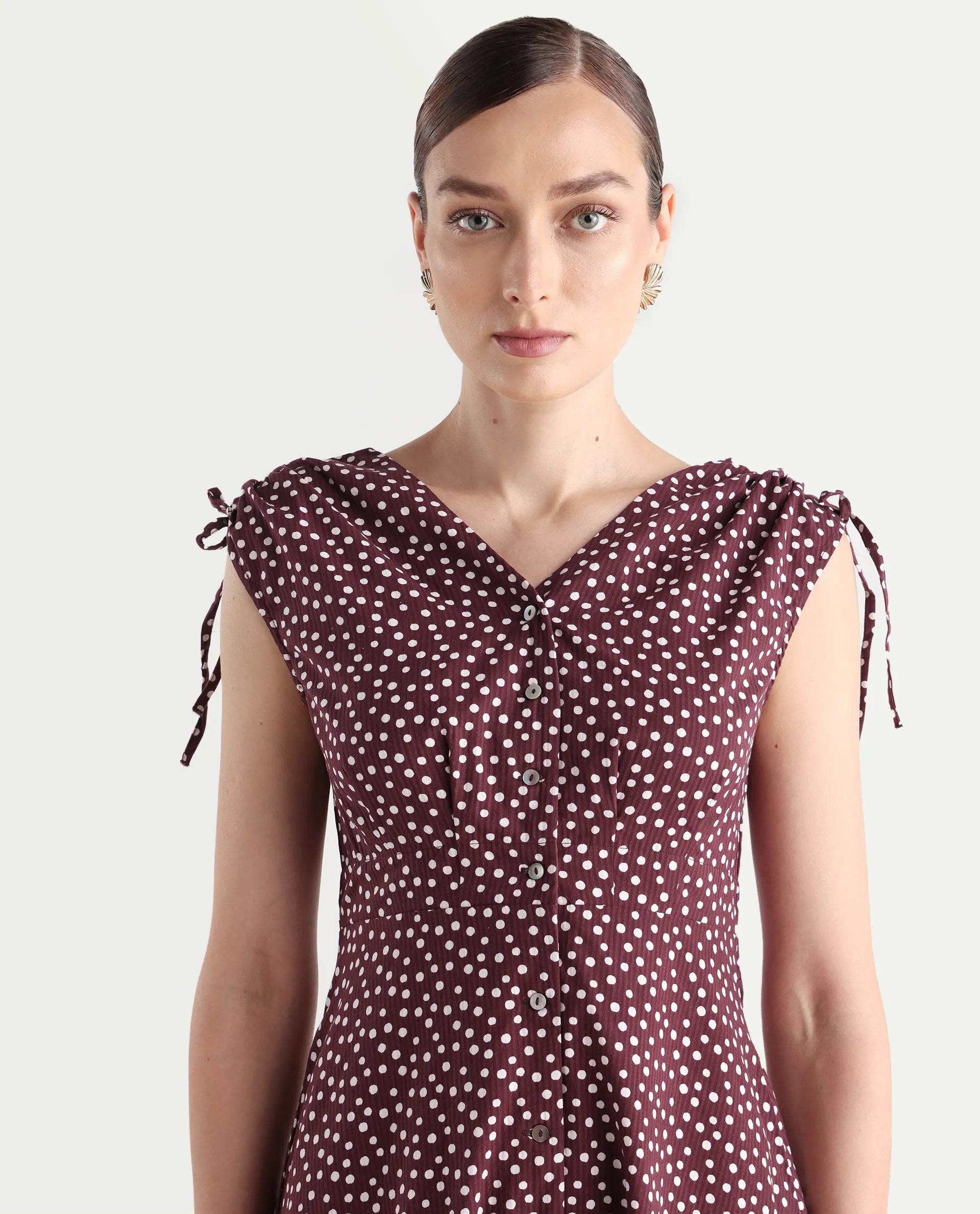 Rareism Women's Clarta Brown V-Neck Polka Print Sleeveless Midi A-Line Dress