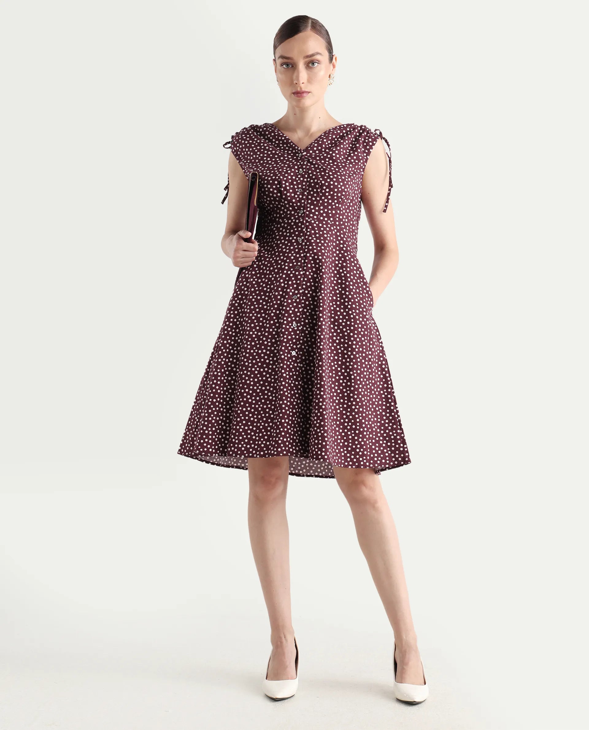 Rareism Women's Clarta Brown V-Neck Polka Print Sleeveless Midi A-Line Dress