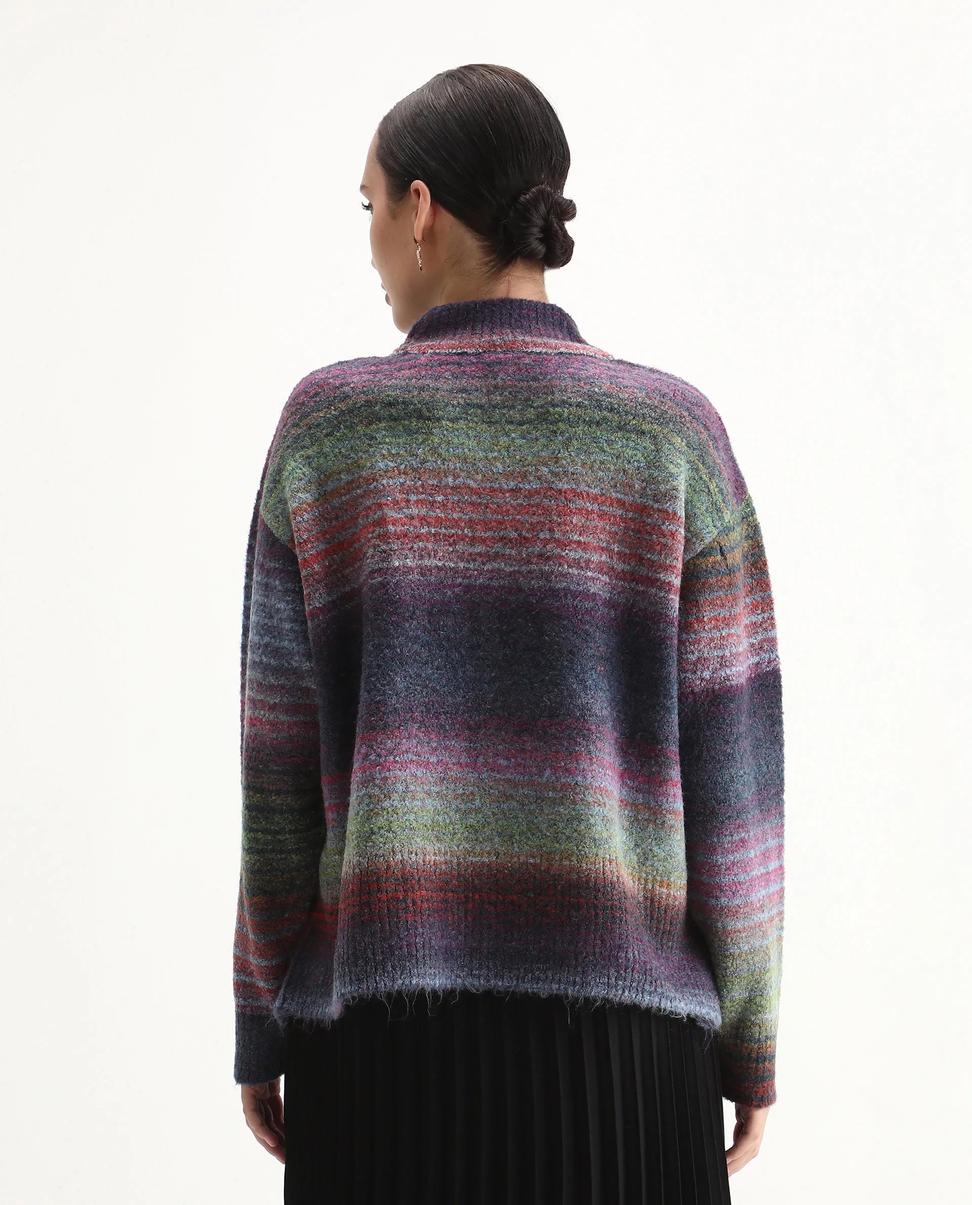 Rareism Women's Claudian Multi Acrylic Blend High Neck Relaxed Fit Ombre Sweater
