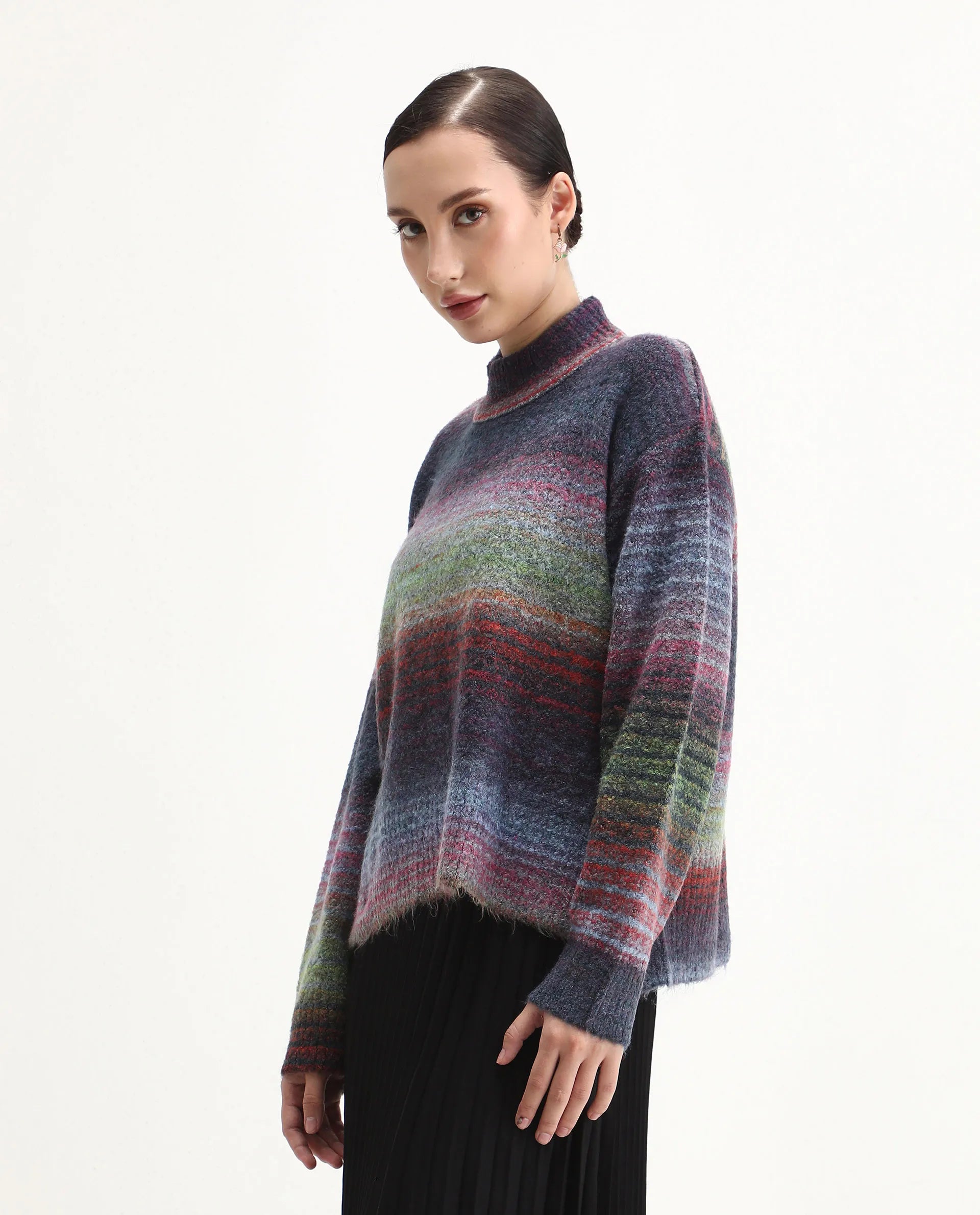Rareism Women's Claudian Multi Acrylic Blend High Neck Relaxed Fit Ombre Sweater