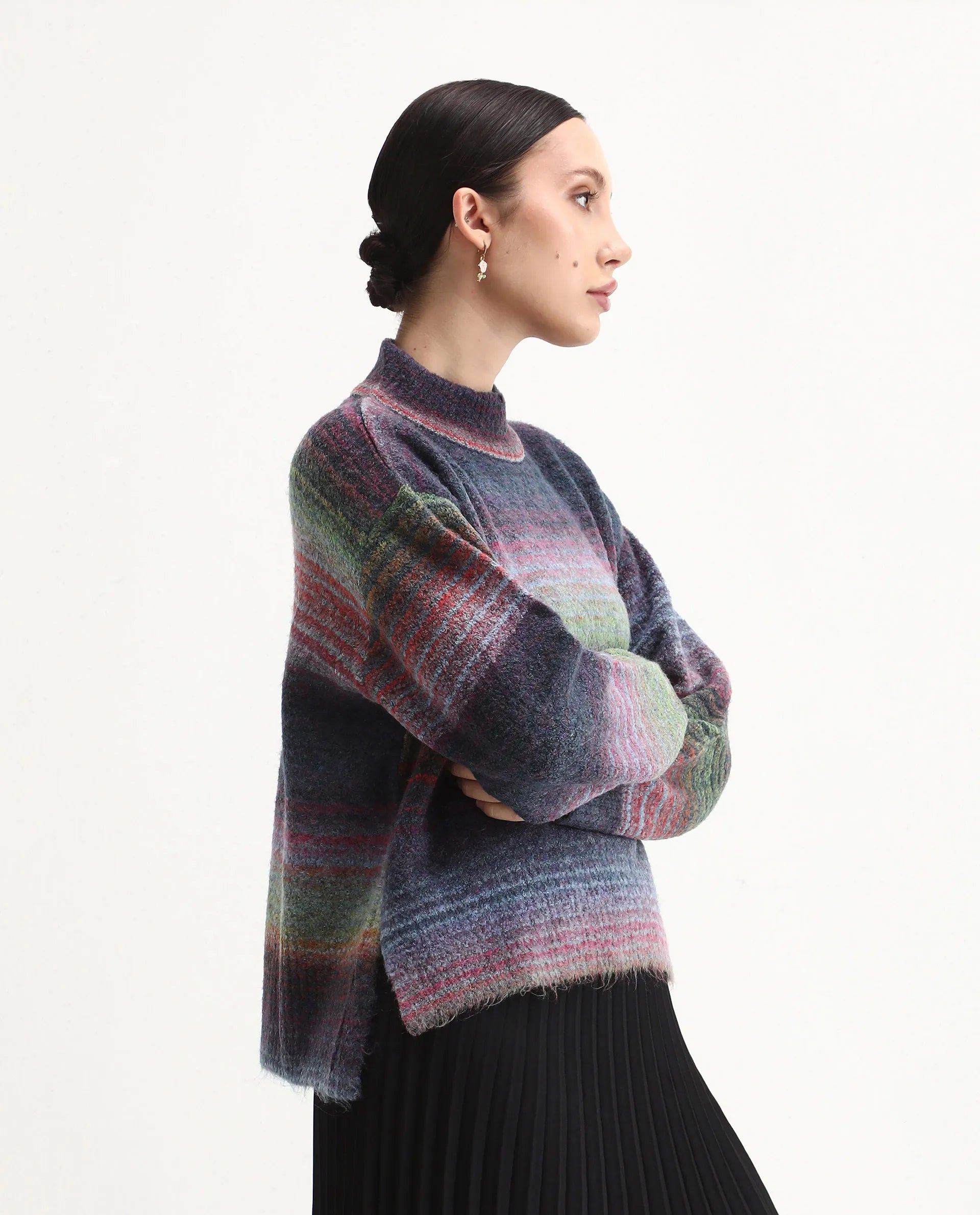 Rareism Women's Claudian Multi Acrylic Blend High Neck Relaxed Fit Ombre Sweater