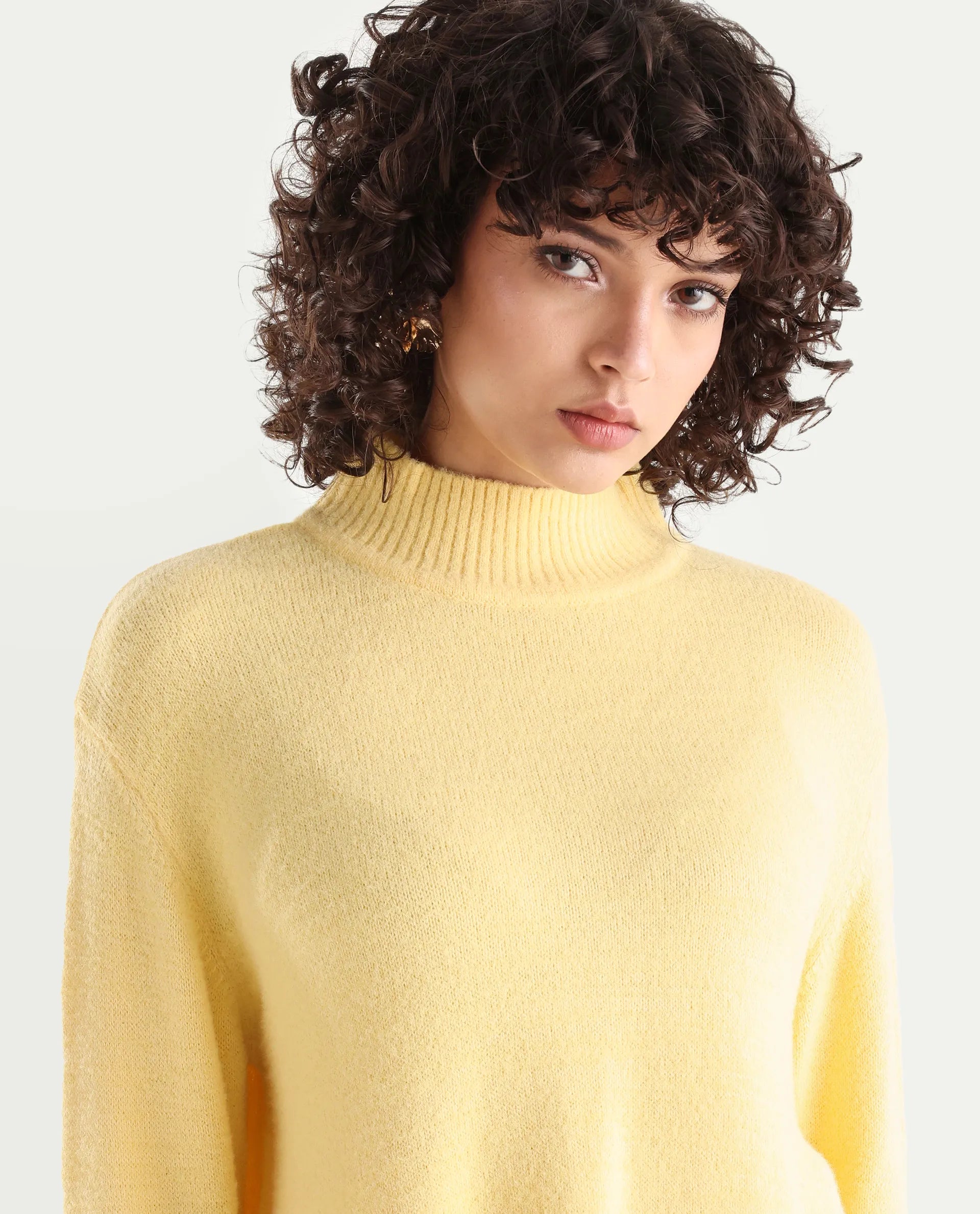 Rareism Women's Clawdia Yellow Acrylic High Neck Plain Relaxed Fit Sweater