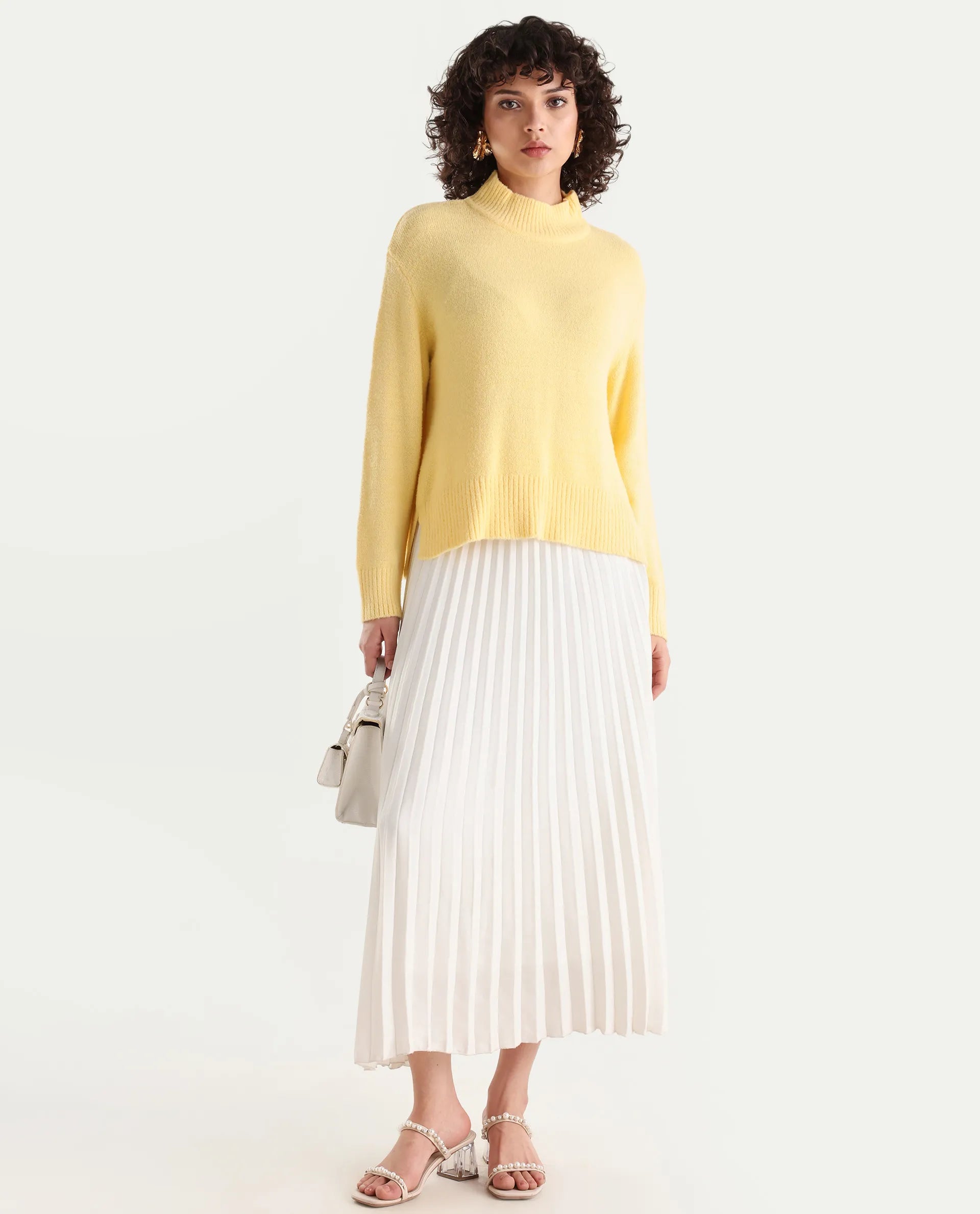 Rareism Women's Clawdia Yellow Acrylic High Neck Plain Relaxed Fit Sweater