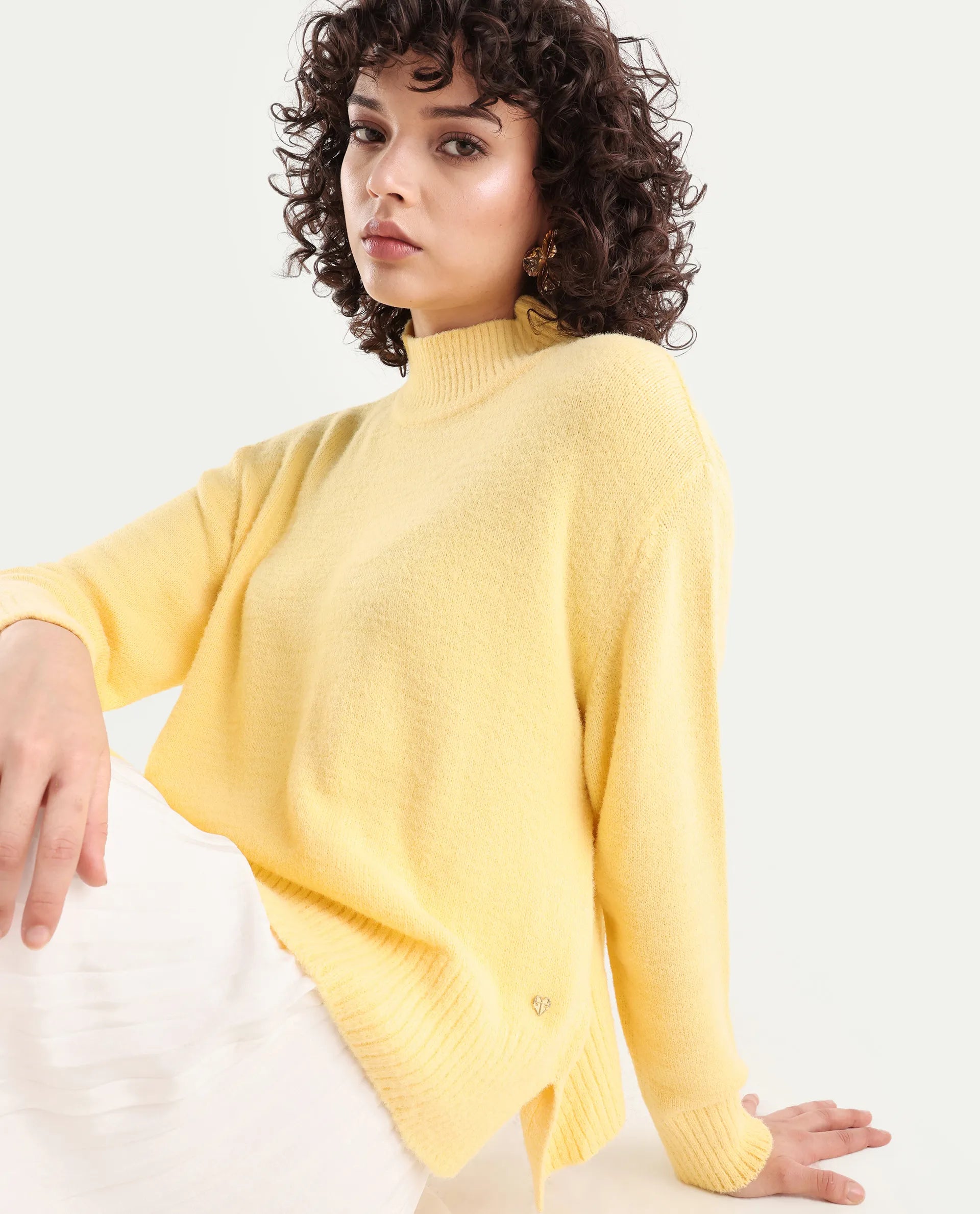 Rareism Women's Clawdia Yellow Acrylic High Neck Plain Relaxed Fit Sweater