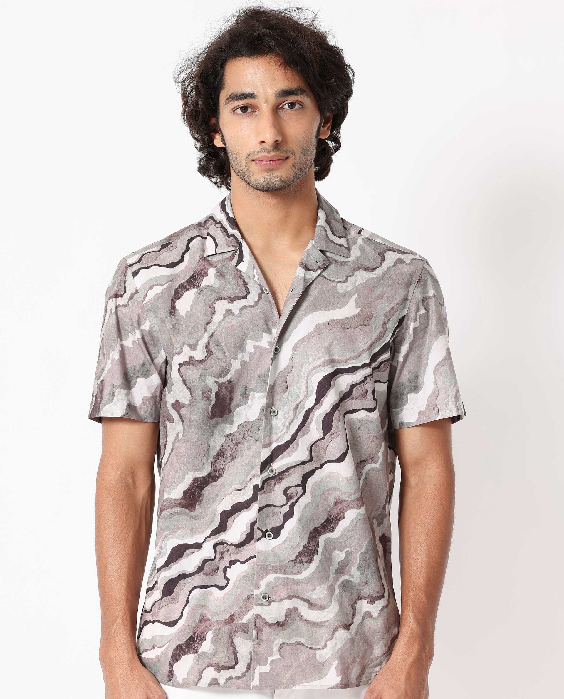 Rare Rabbit Men's Clayy Beige Poplin Fabric Cuban Collar Marble Print Half Sleeves Shirt