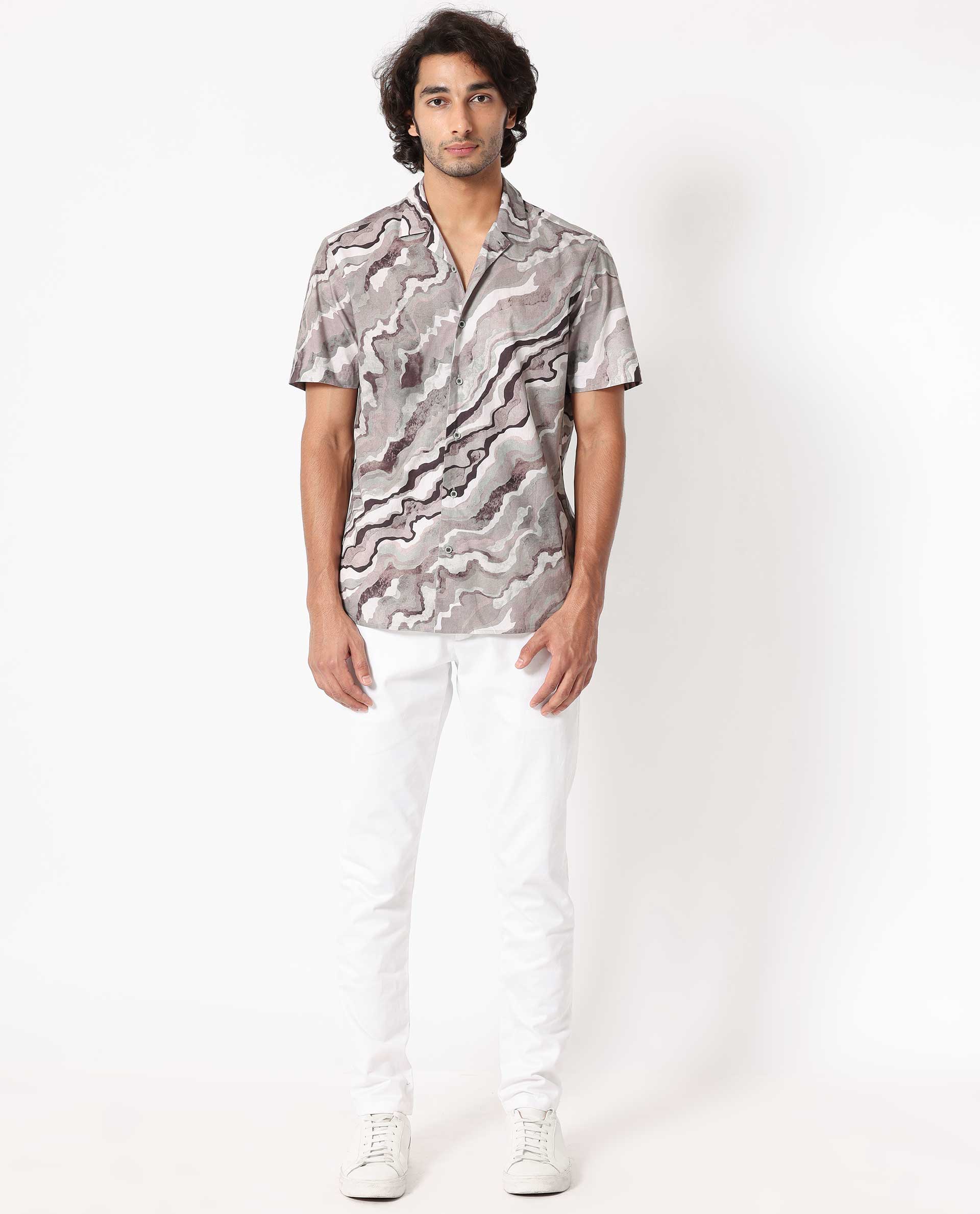 Rare Rabbit Men's Clayy Beige Poplin Fabric Cuban Collar Marble Print Half Sleeves Shirt