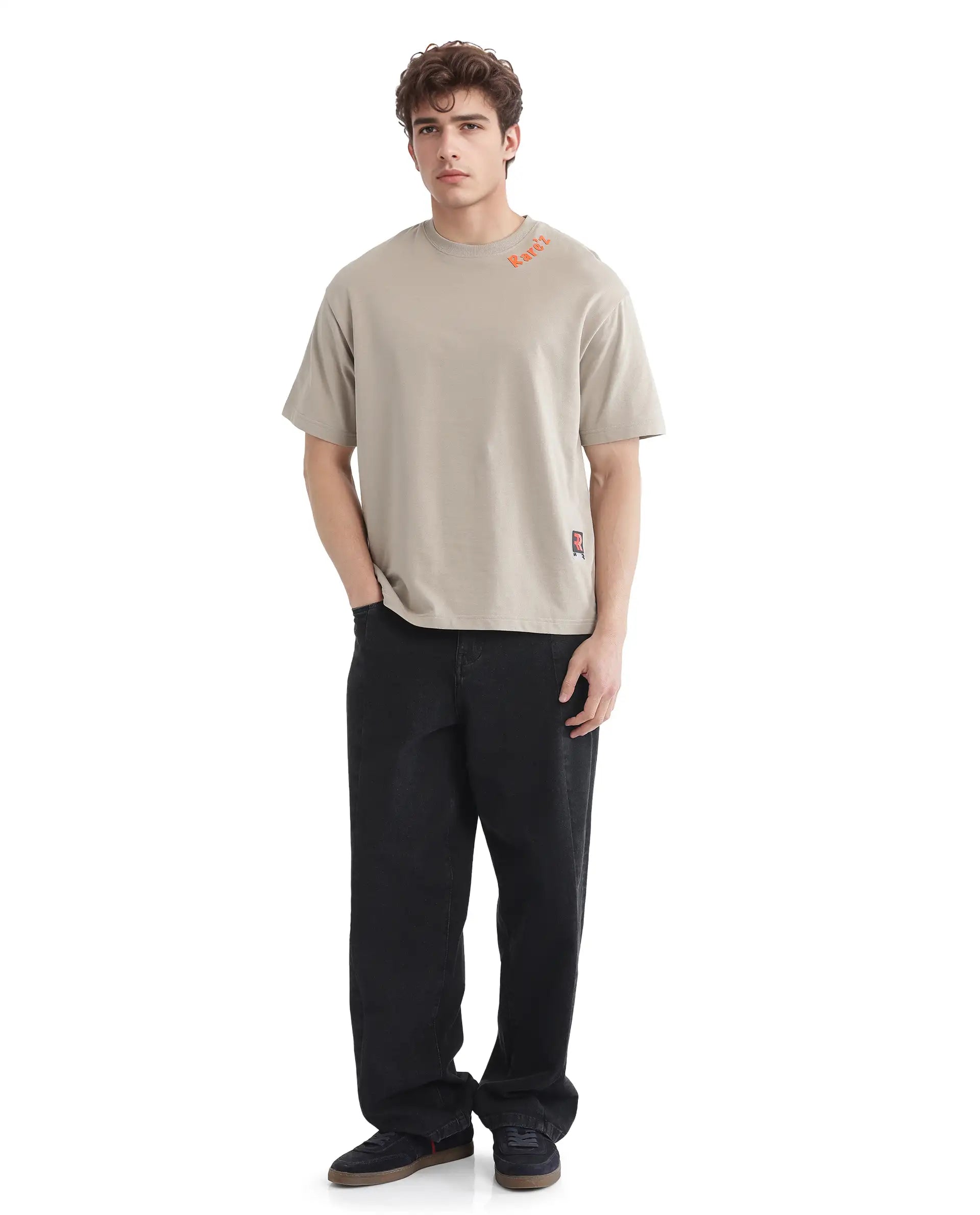 Rare Rabbit Men's Clay Beige Cotton Fabric Half Sleeve Crew Neck Oversized Fit Graphic Print T-Shirt