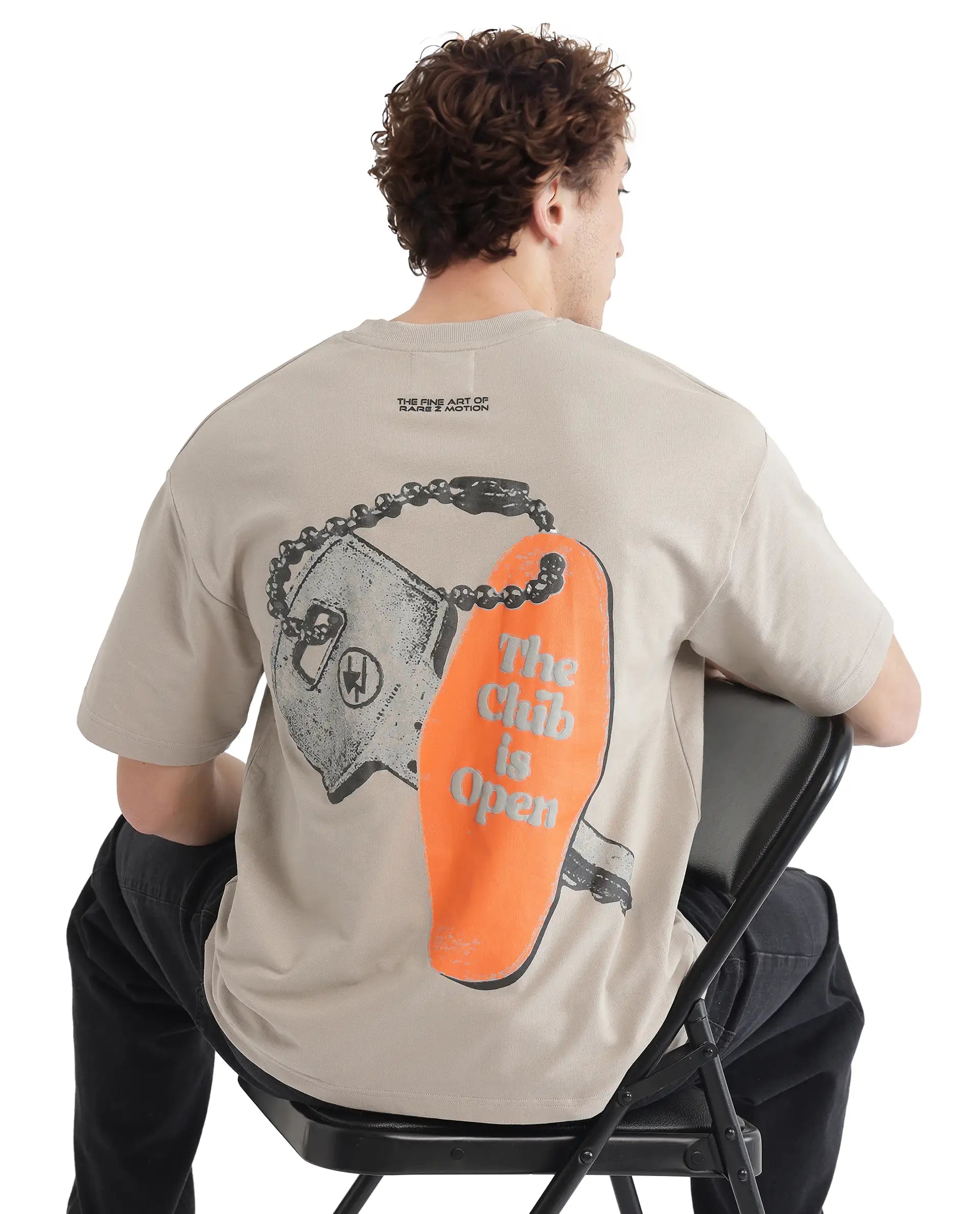 Rare Rabbit Men's Clay Beige Cotton Fabric Half Sleeve Crew Neck Oversized Fit Graphic Print T-Shirt