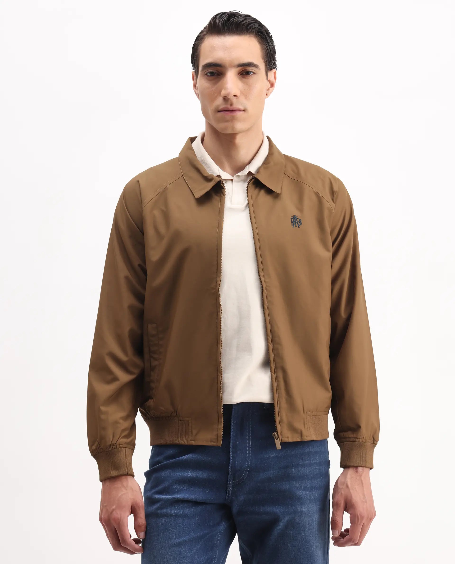 Rare Rabbit Men's Clayon Brown Polyester Embroidered Regular Fit Full Sleeve Spread Collar Jacket