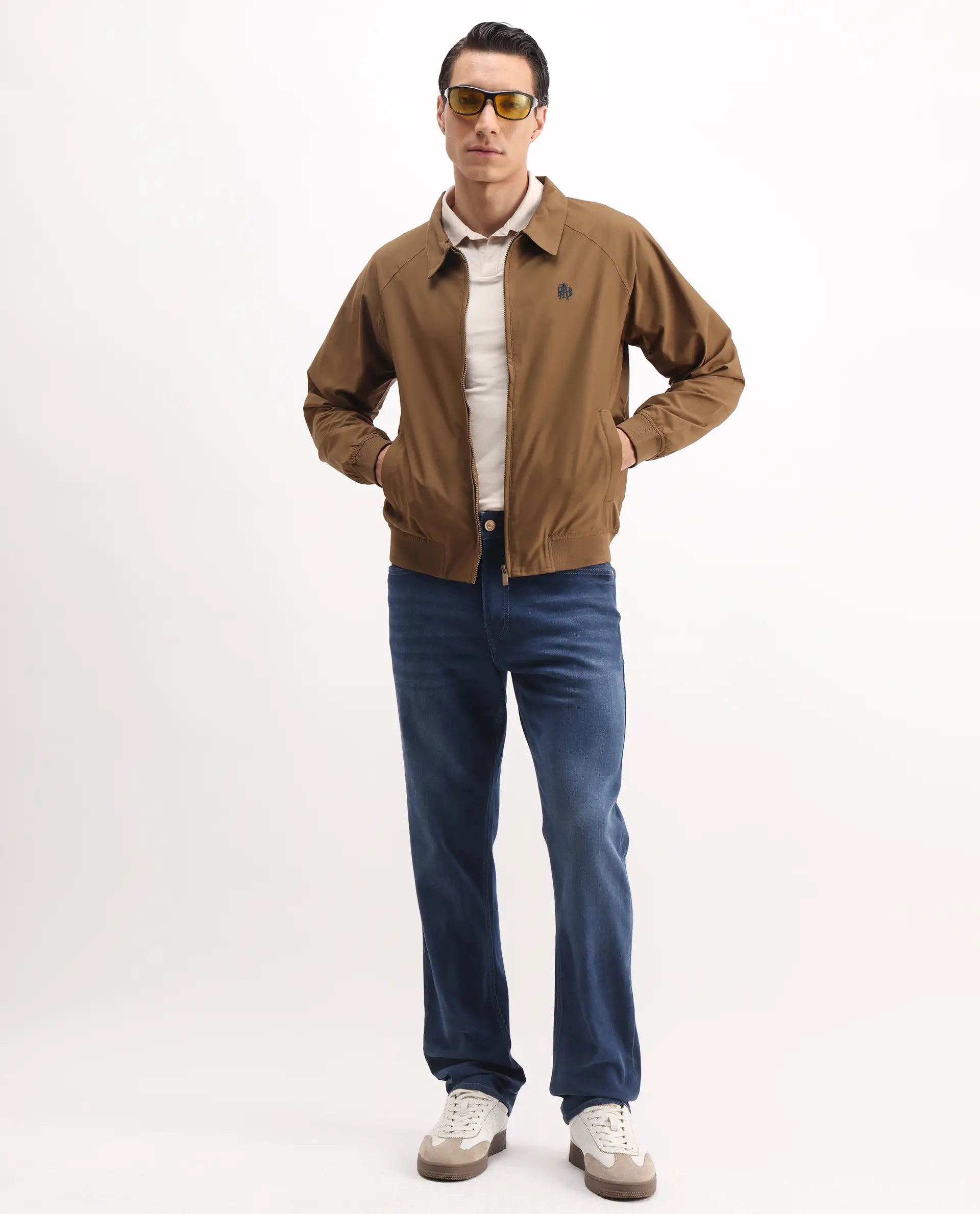 Rare Rabbit Men's Clayon Brown Polyester Embroidered Regular Fit Full Sleeve Spread Collar Jacket