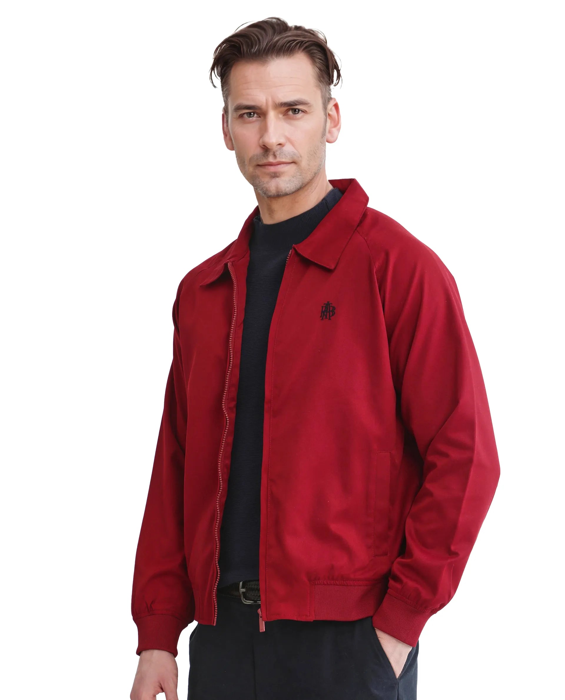 Rare Rabbit Men Clayon Red Polyester Fabric Full Sleeve Embroidered Logo Spread Collar Solid Jacket