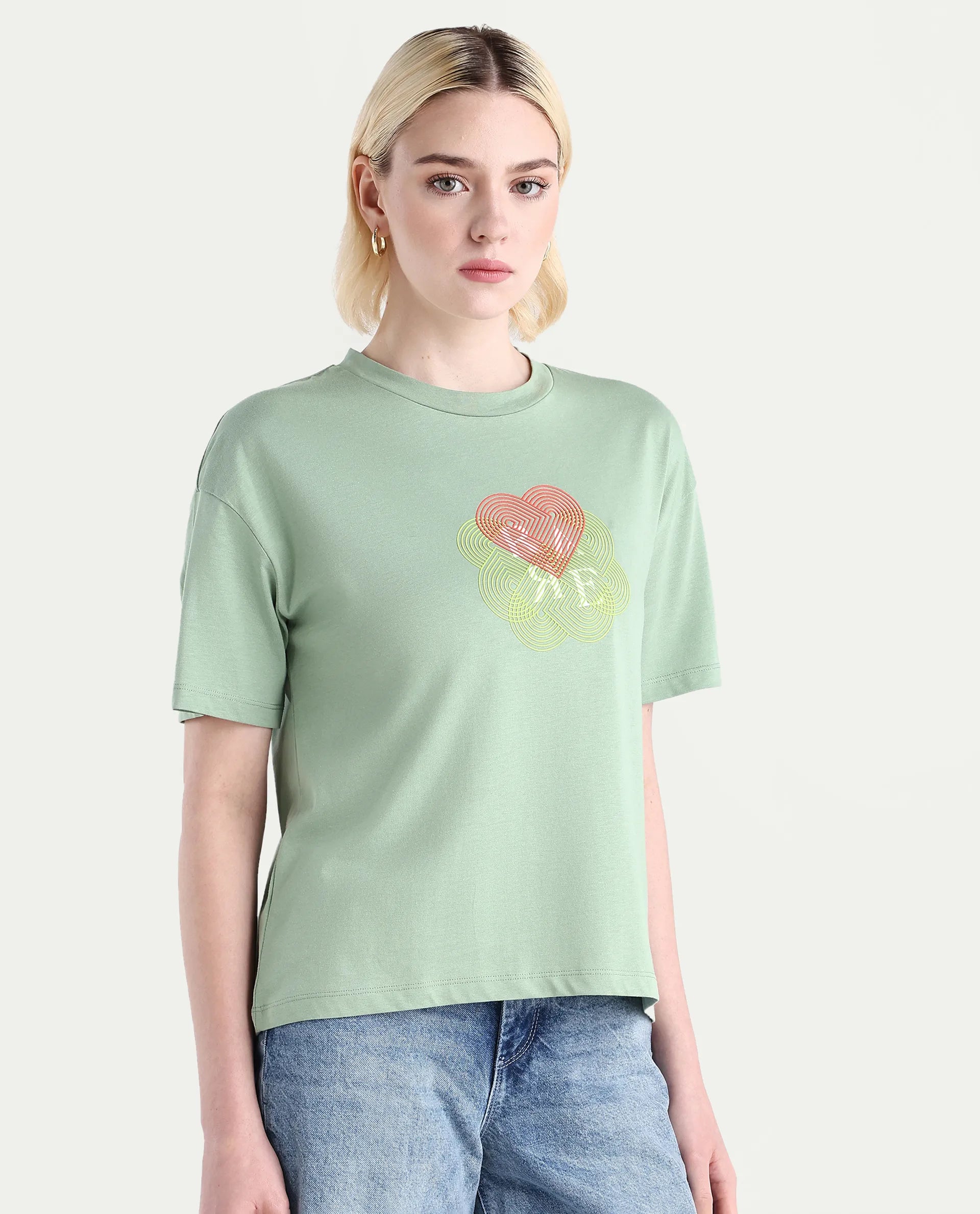 Rareism Women's Clea Dusky Green Cotton Blend Crew Neck Graphic Print Regular Fit T-Shirt