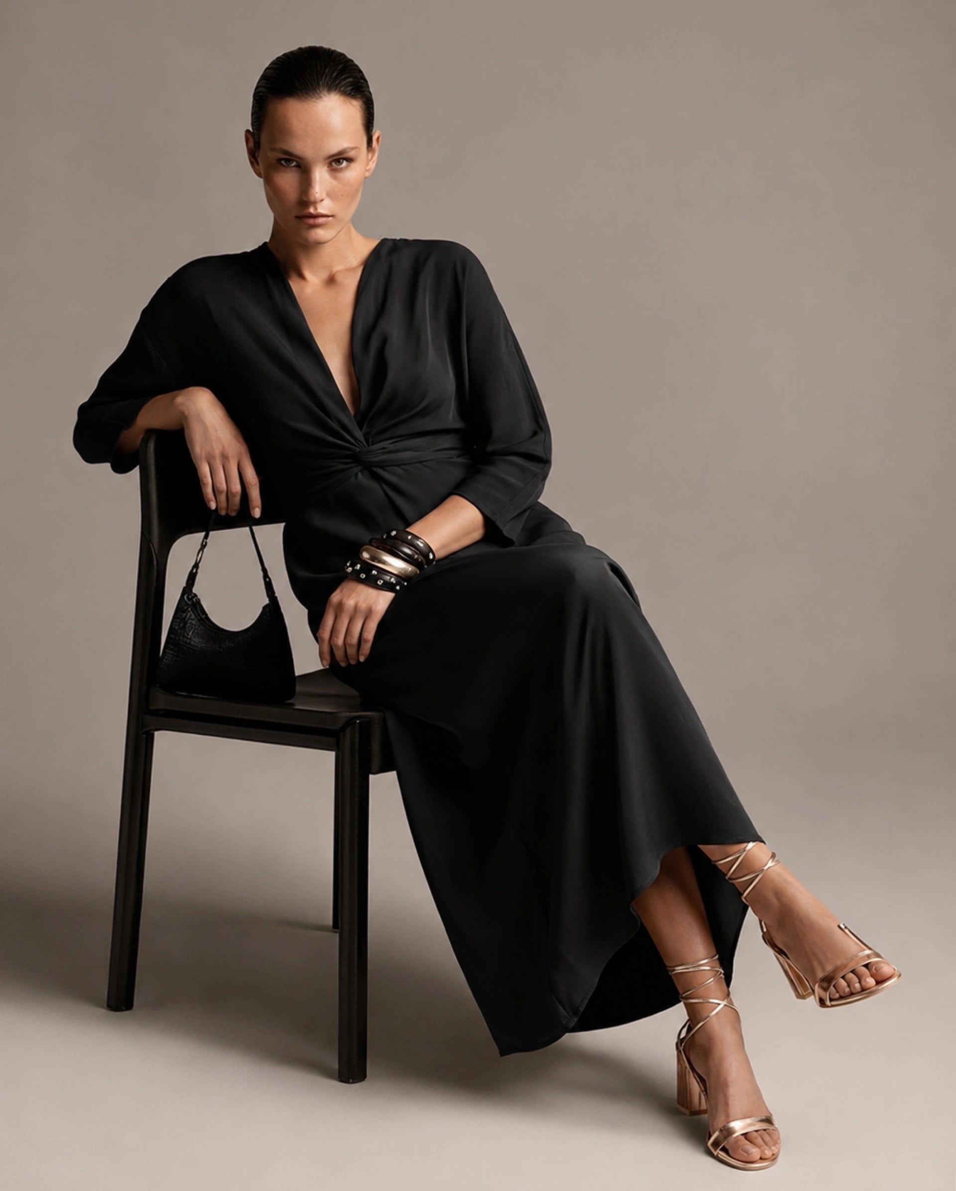 Rareism Women's Cleah Black Polyester 3/4Th Sleeve Flared Plain Dress