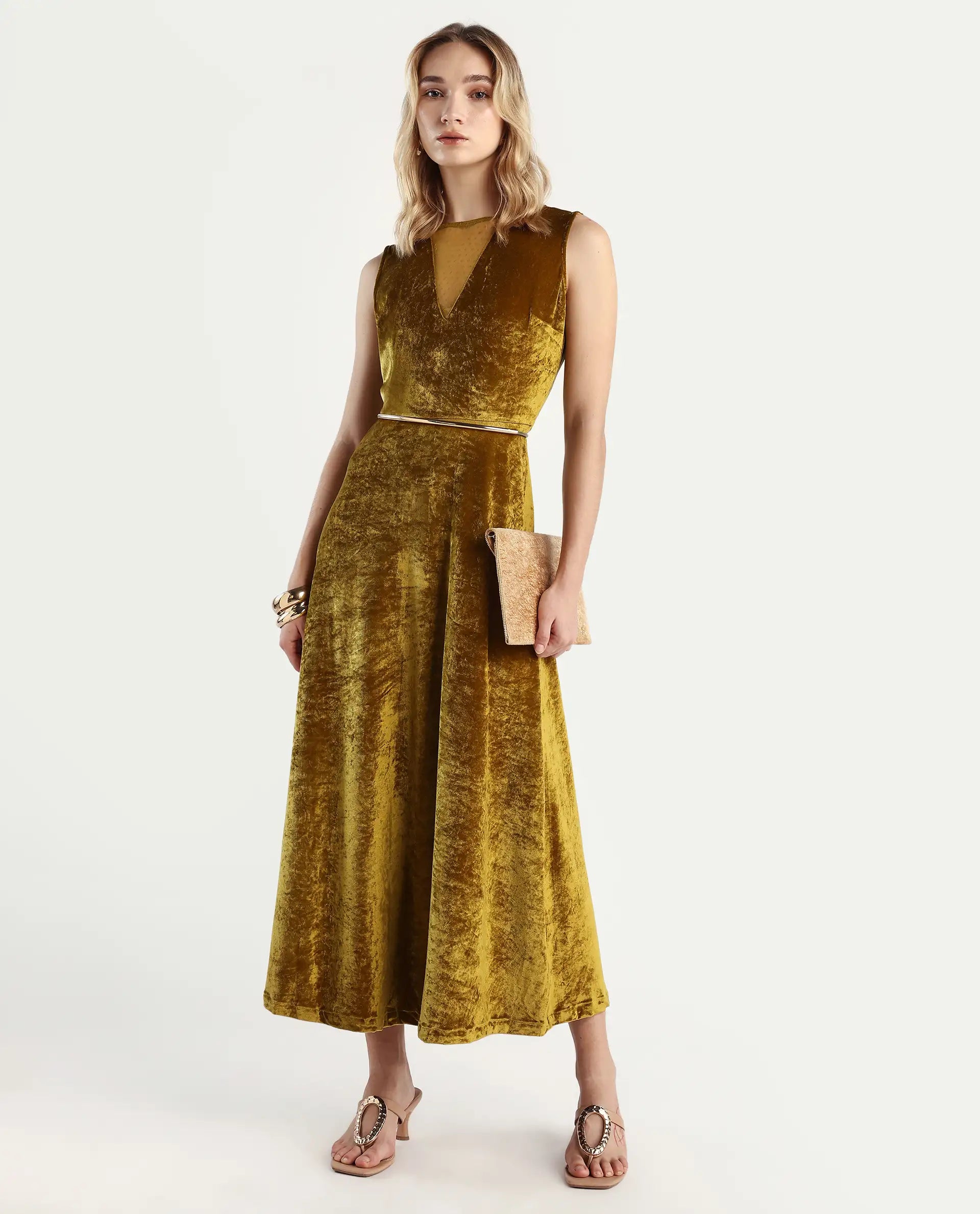 Rareism Women's Clementi Olive Velvet V-Neck Plain Sleeveless Maxi Fit And Flare Dress