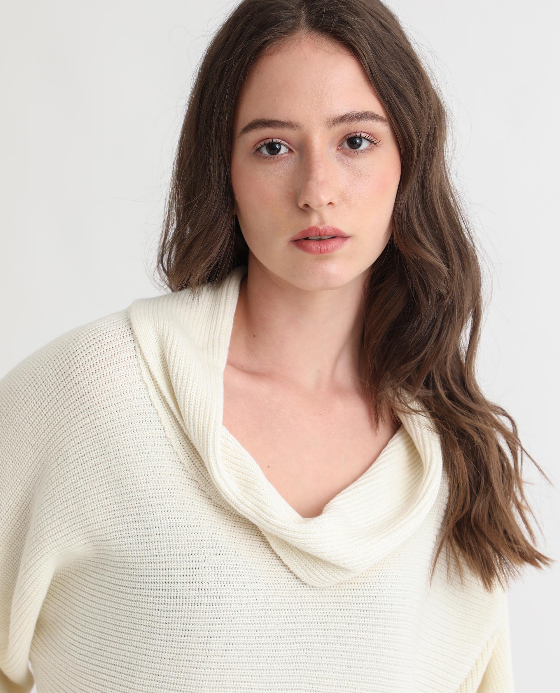 Rareism Women Cleo Off White  3/4Th Sleeves Relaxed Fit Solid Cowl Neck Sweater