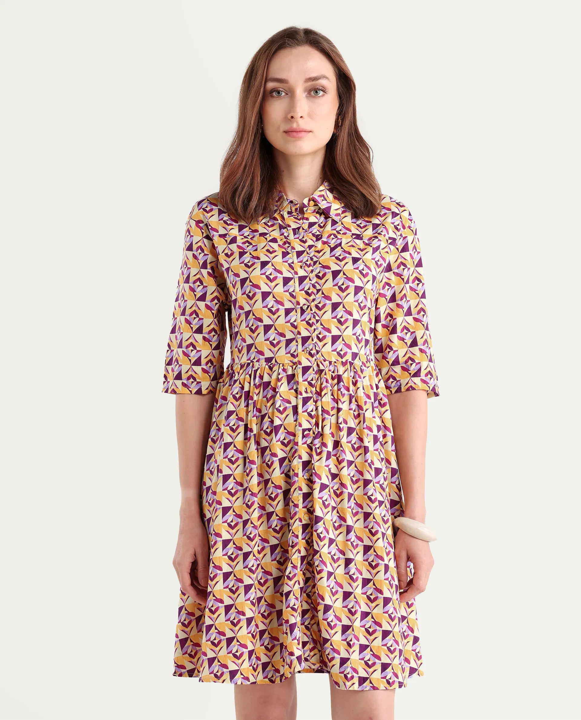 Rareism Women's Cleokap Multi Viscose Drop Collar Geometric Print Knee Length Fit And Flare Dress