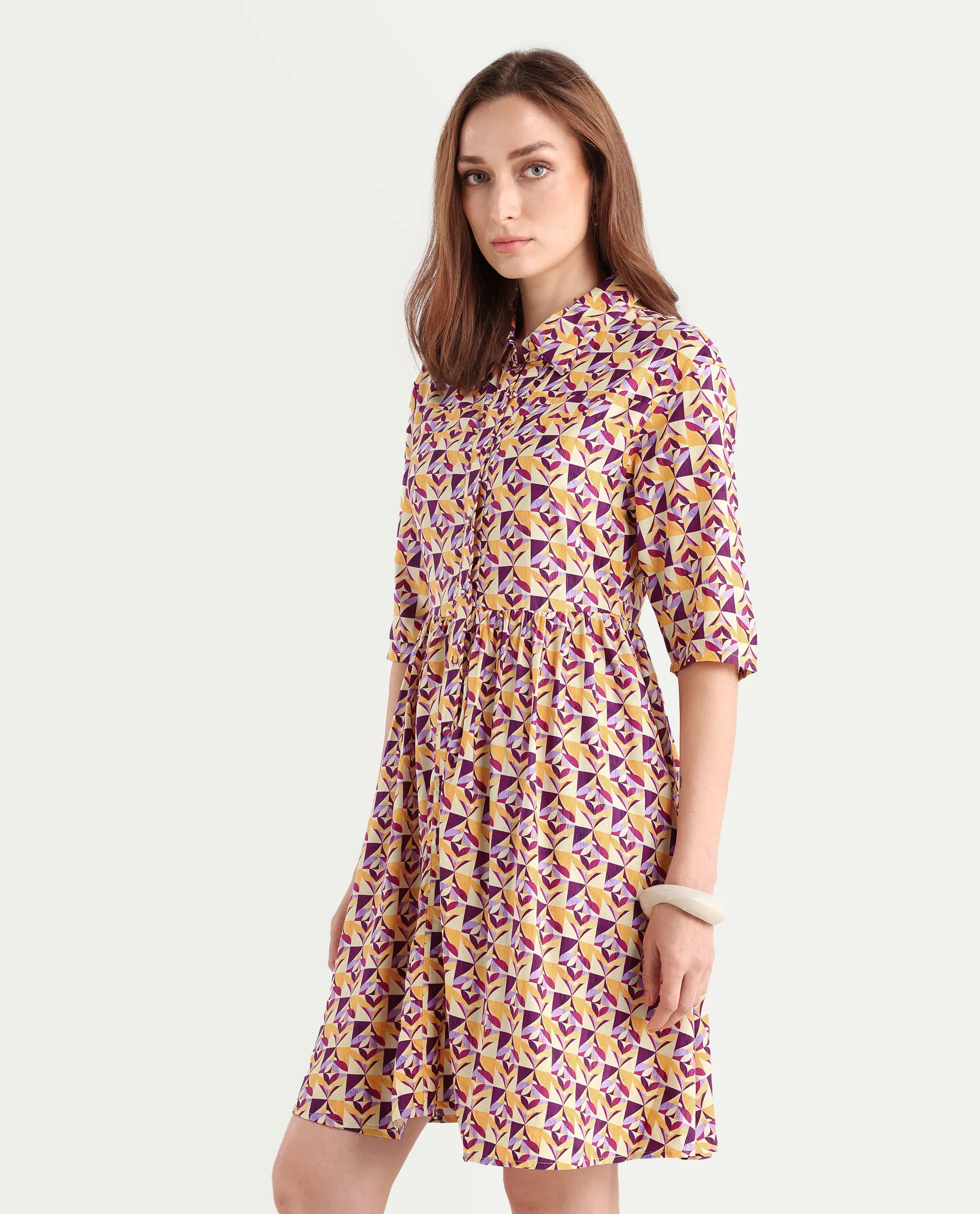 Rareism Women's Cleokap Multi Viscose Drop Collar Geometric Print Knee Length Fit And Flare Dress