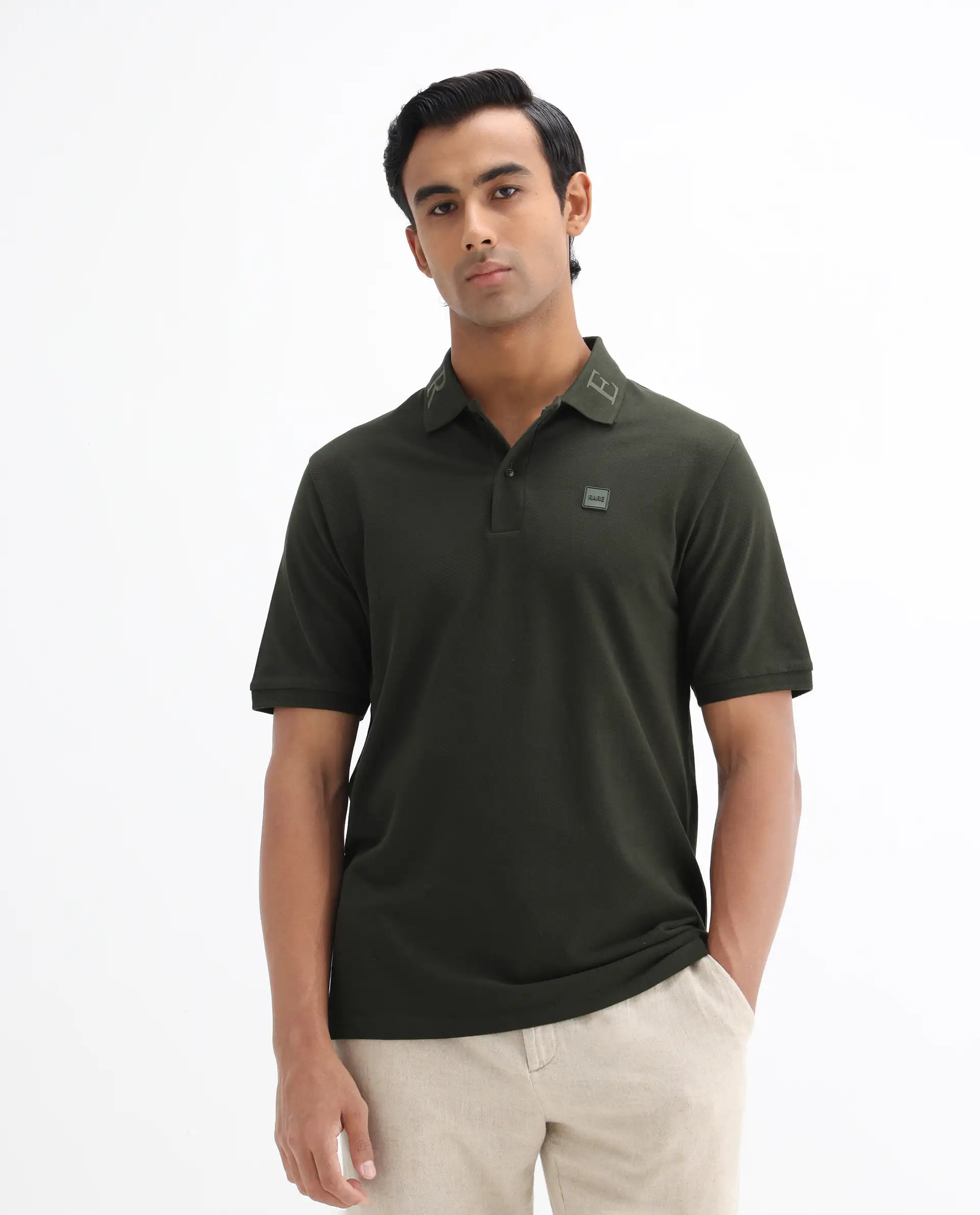 Rare Rabbit Men's Clif Dark Olive Cotton Plain Regular Fit Half Sleeve Polo