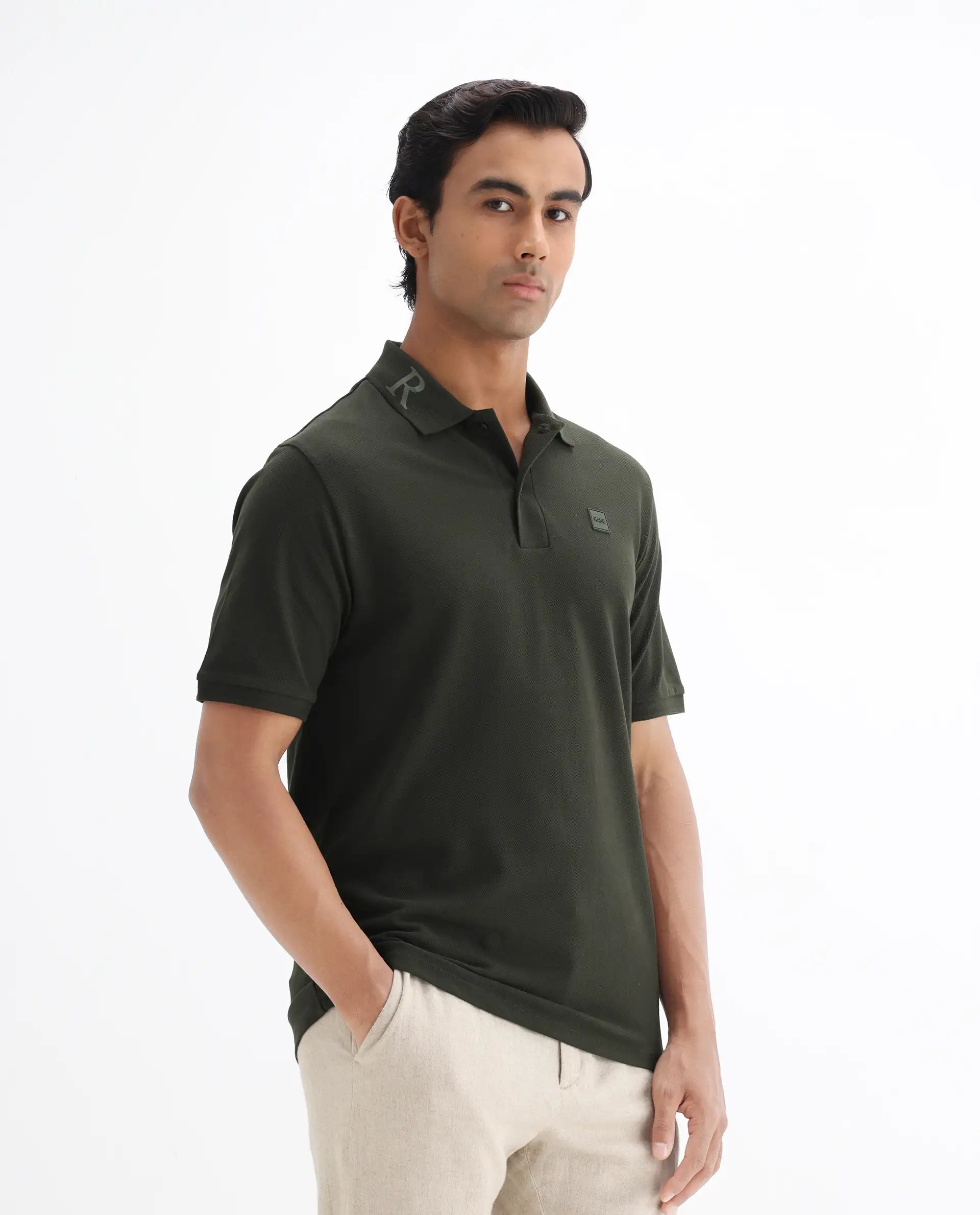 Rare Rabbit Men's Clif Dark Olive Cotton Plain Regular Fit Half Sleeve Polo