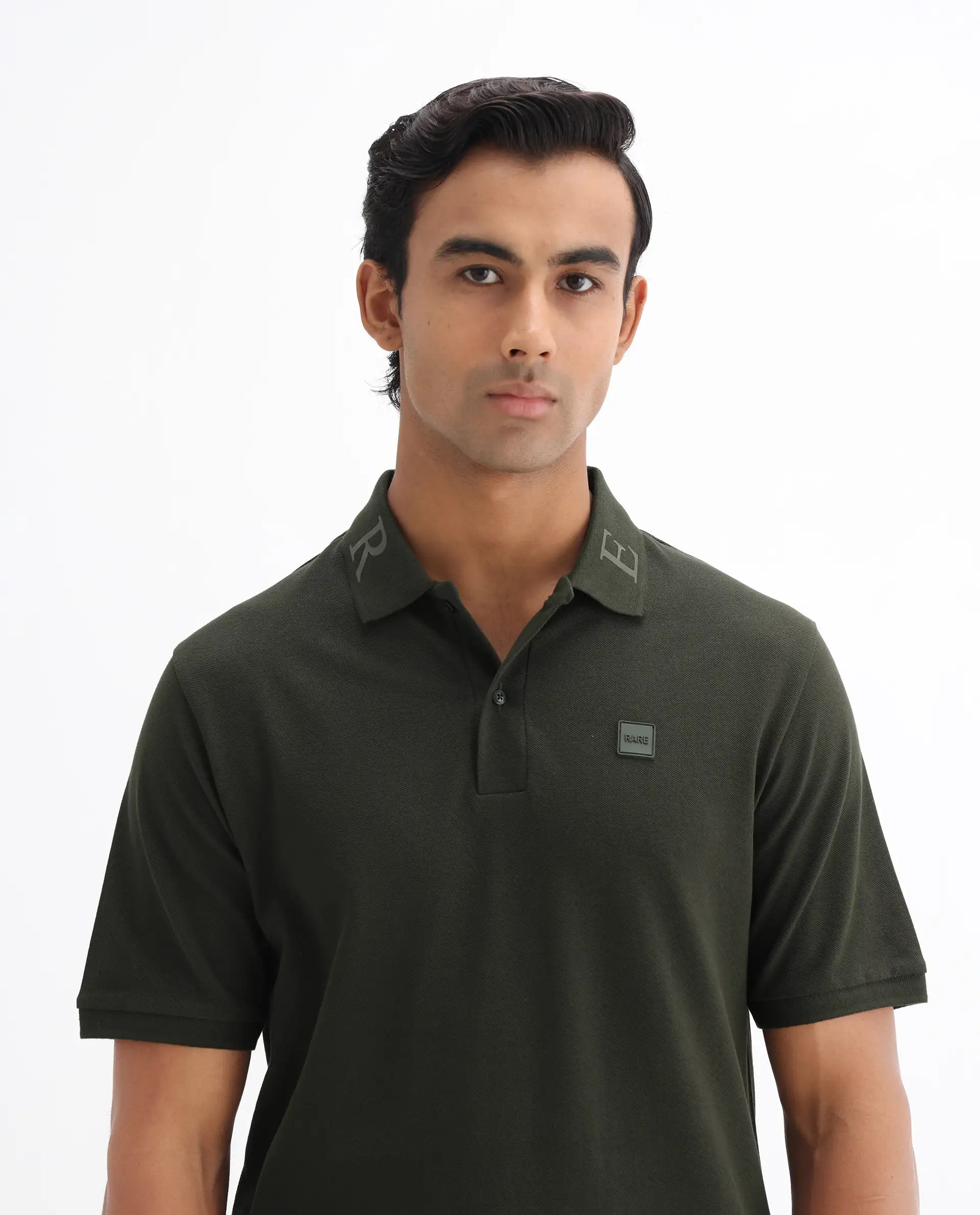 Rare Rabbit Men's Clif Dark Olive Cotton Plain Regular Fit Half Sleeve Polo
