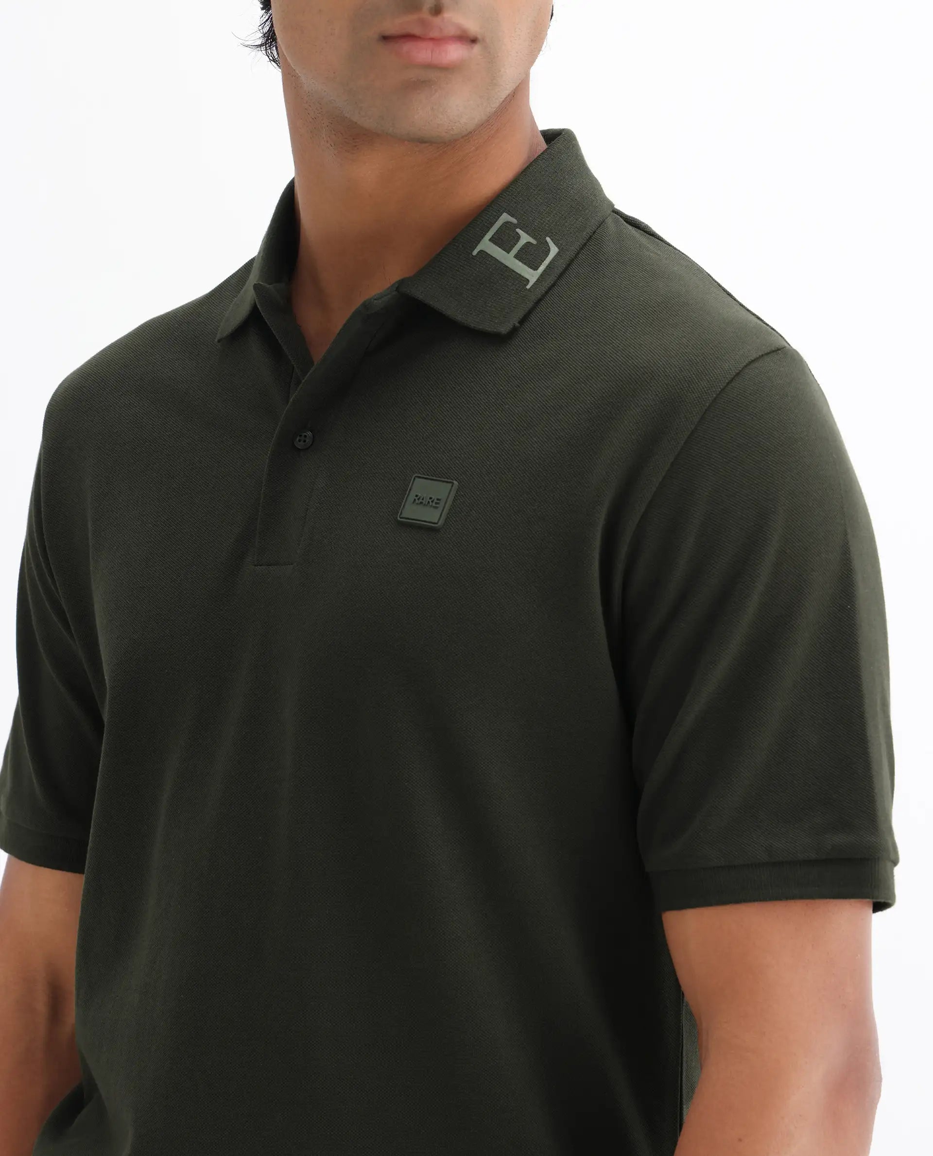 Rare Rabbit Men's Clif Dark Olive Cotton Plain Regular Fit Half Sleeve Polo