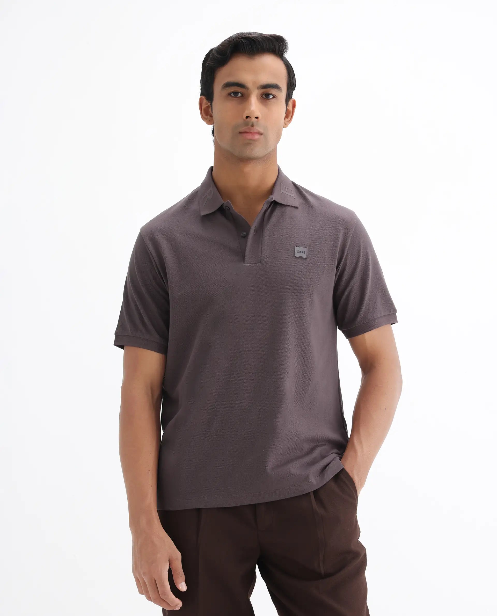 Rare Rabbit Men's Clif Dusky Purple Cotton Plain Regular Fit Half Sleeve Polo
