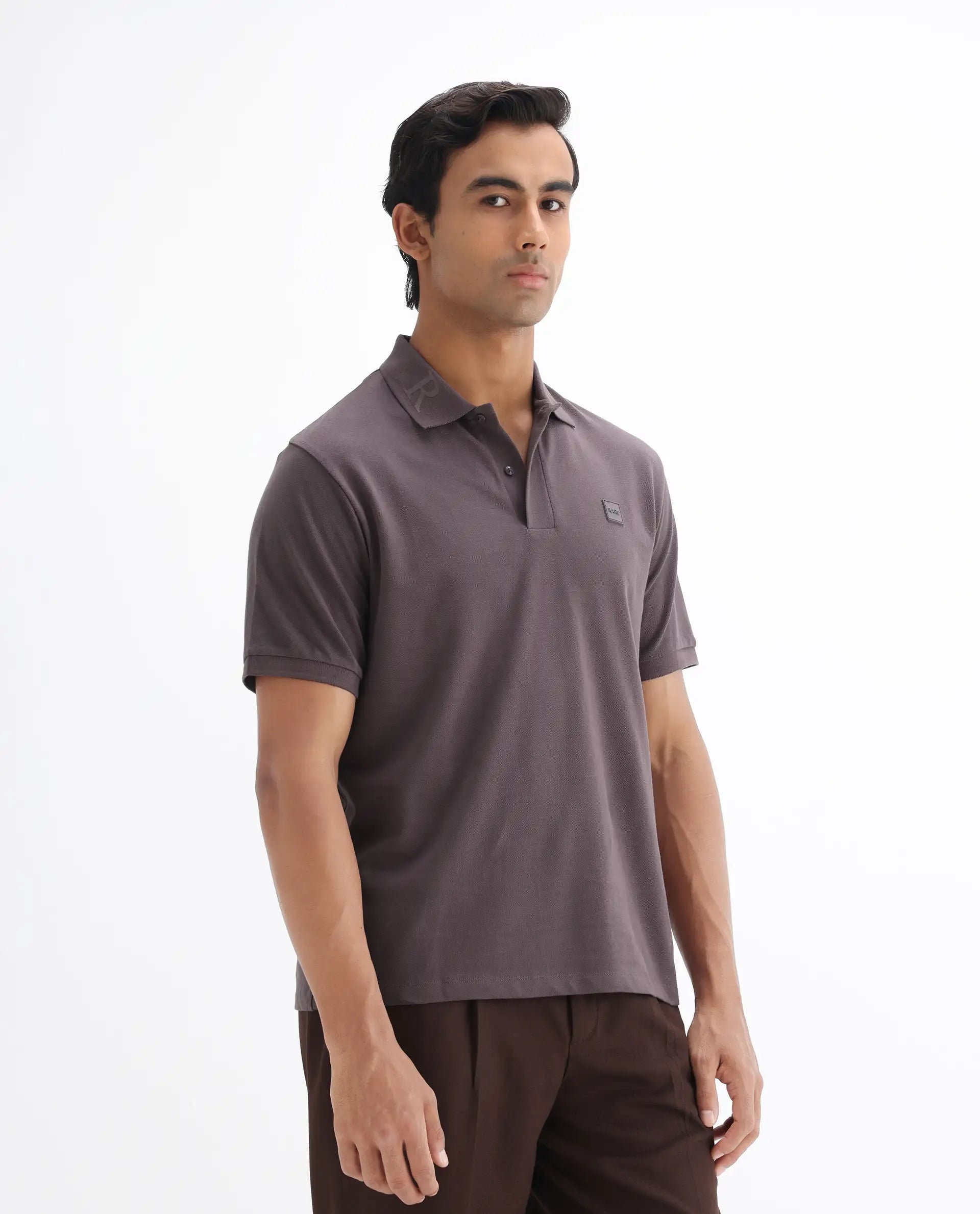Rare Rabbit Men's Clif Dusky Purple Cotton Plain Regular Fit Half Sleeve Polo