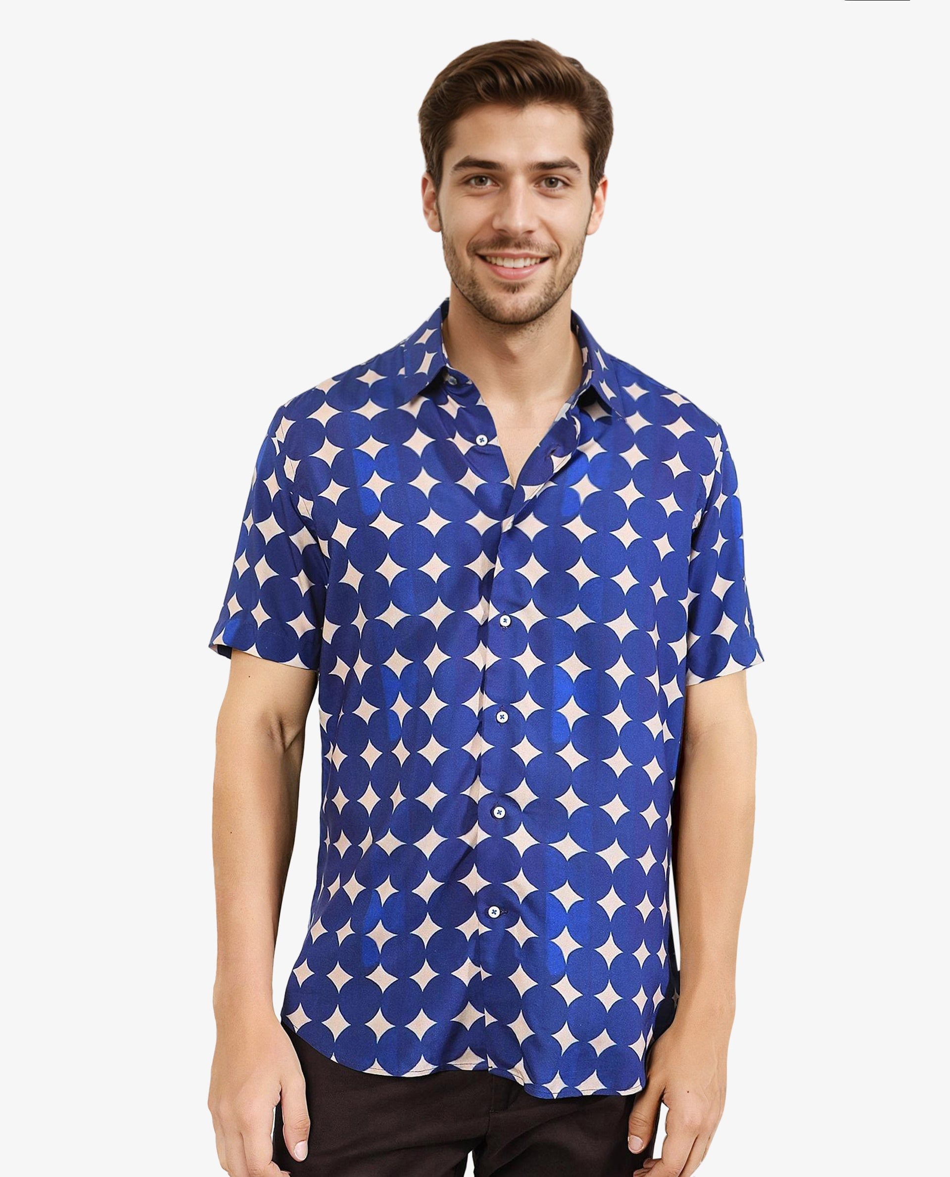Rare Rabbit Men's Clinton Blue Viscose Fabric Geometric Print Half Sleeves Shirt
