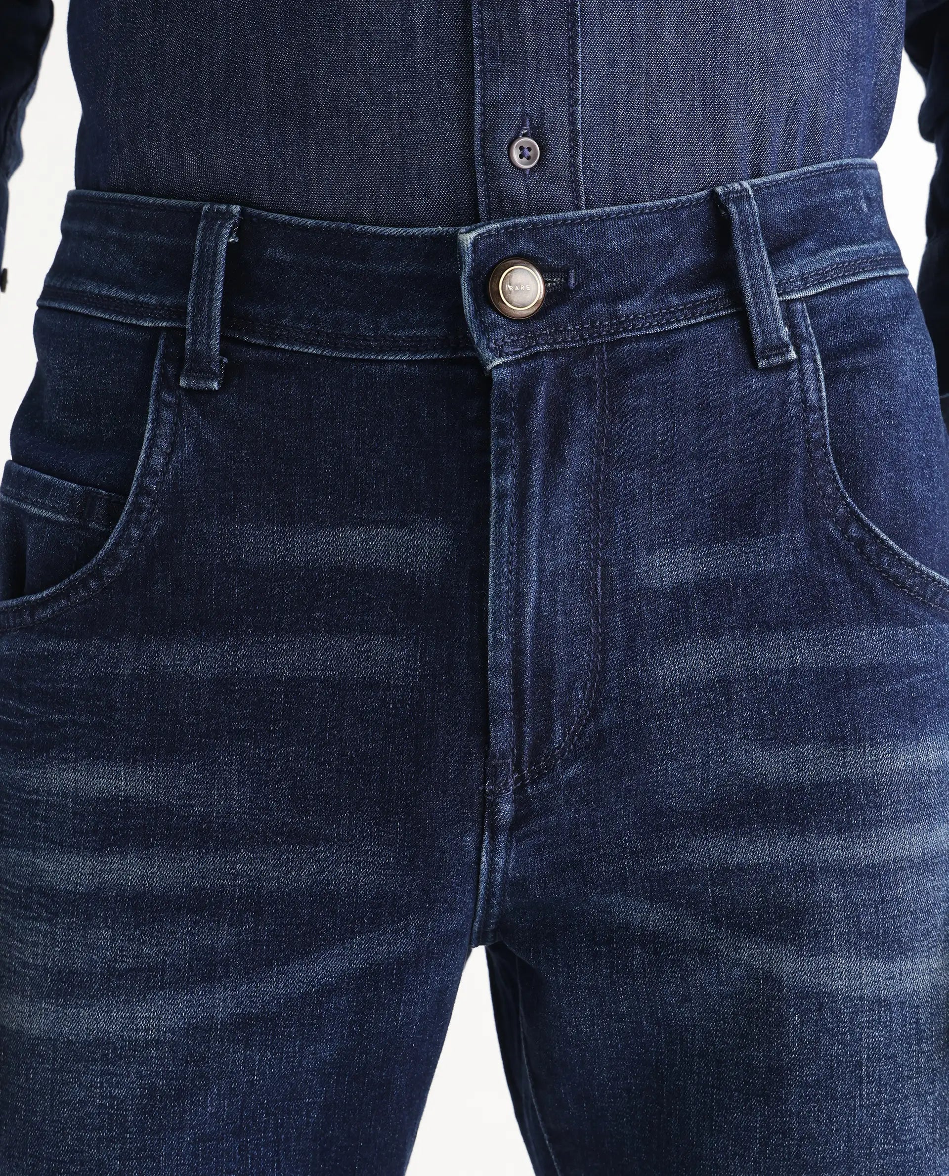 Rare Rabbit Men's Clio Dark Blue Cotton Blend Plain Relaxed Fit Jeans