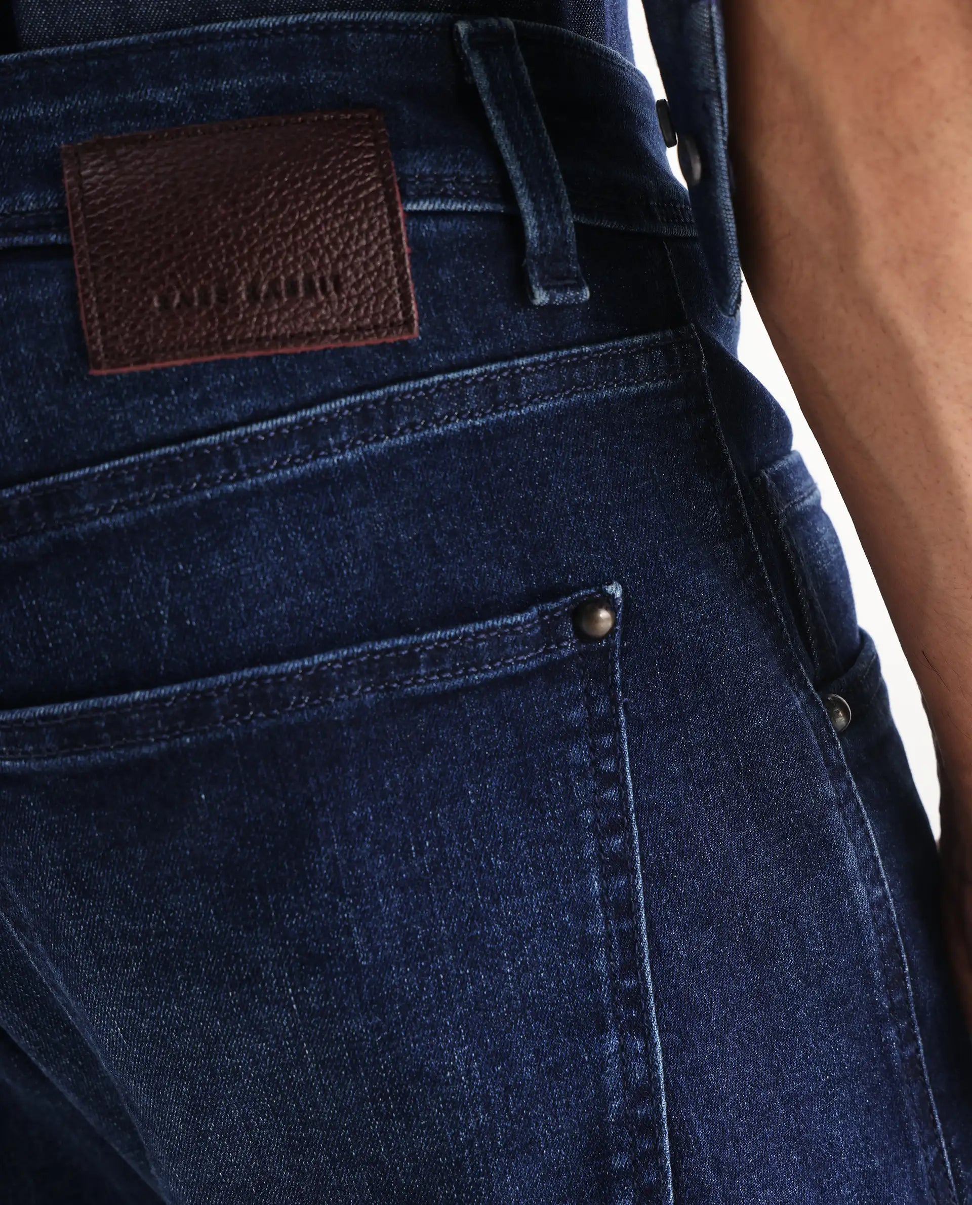 Rare Rabbit Men's Clio Dark Blue Cotton Blend Plain Relaxed Fit Jeans