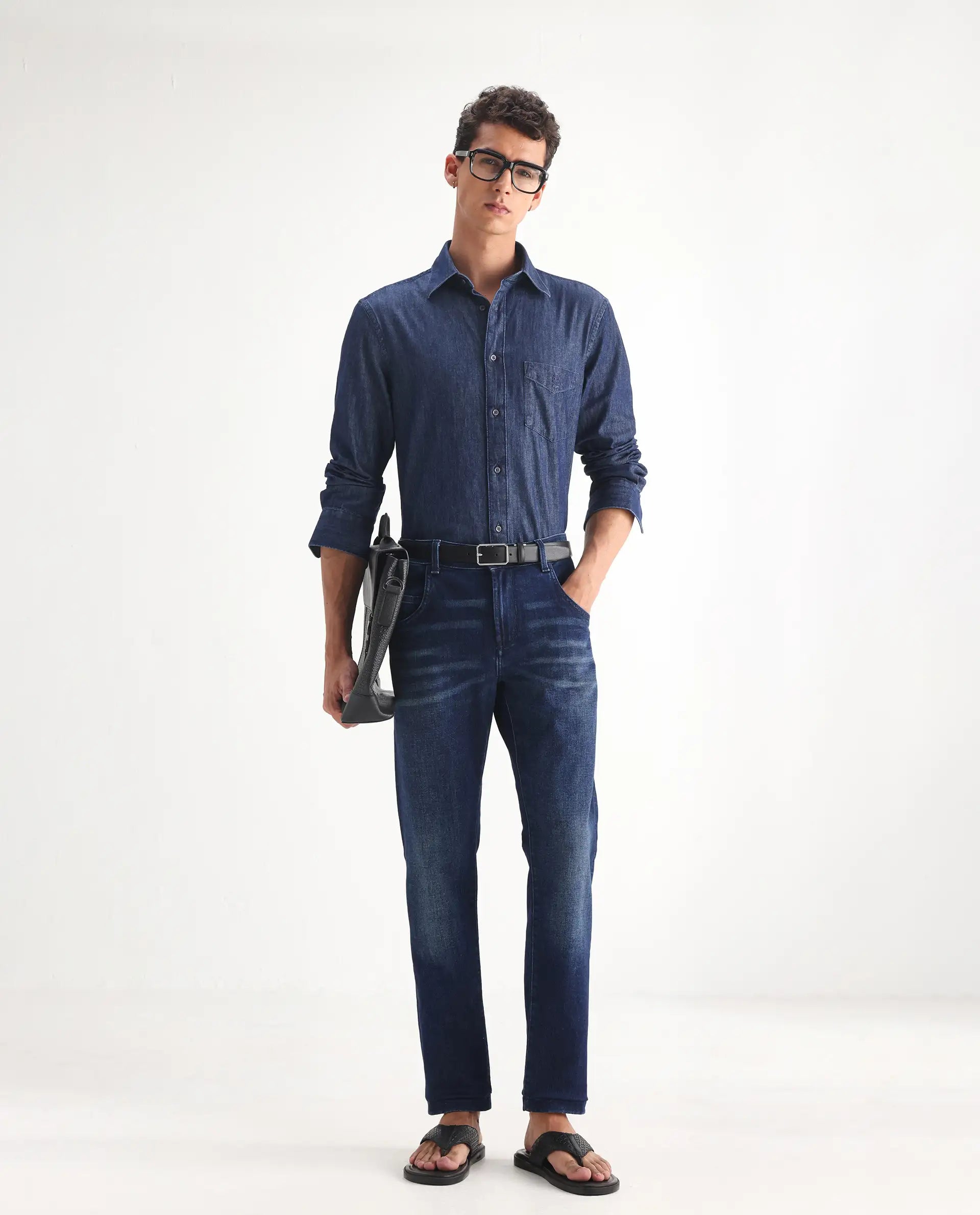 Rare Rabbit Men's Clio Dark Blue Cotton Blend Plain Relaxed Fit Jeans