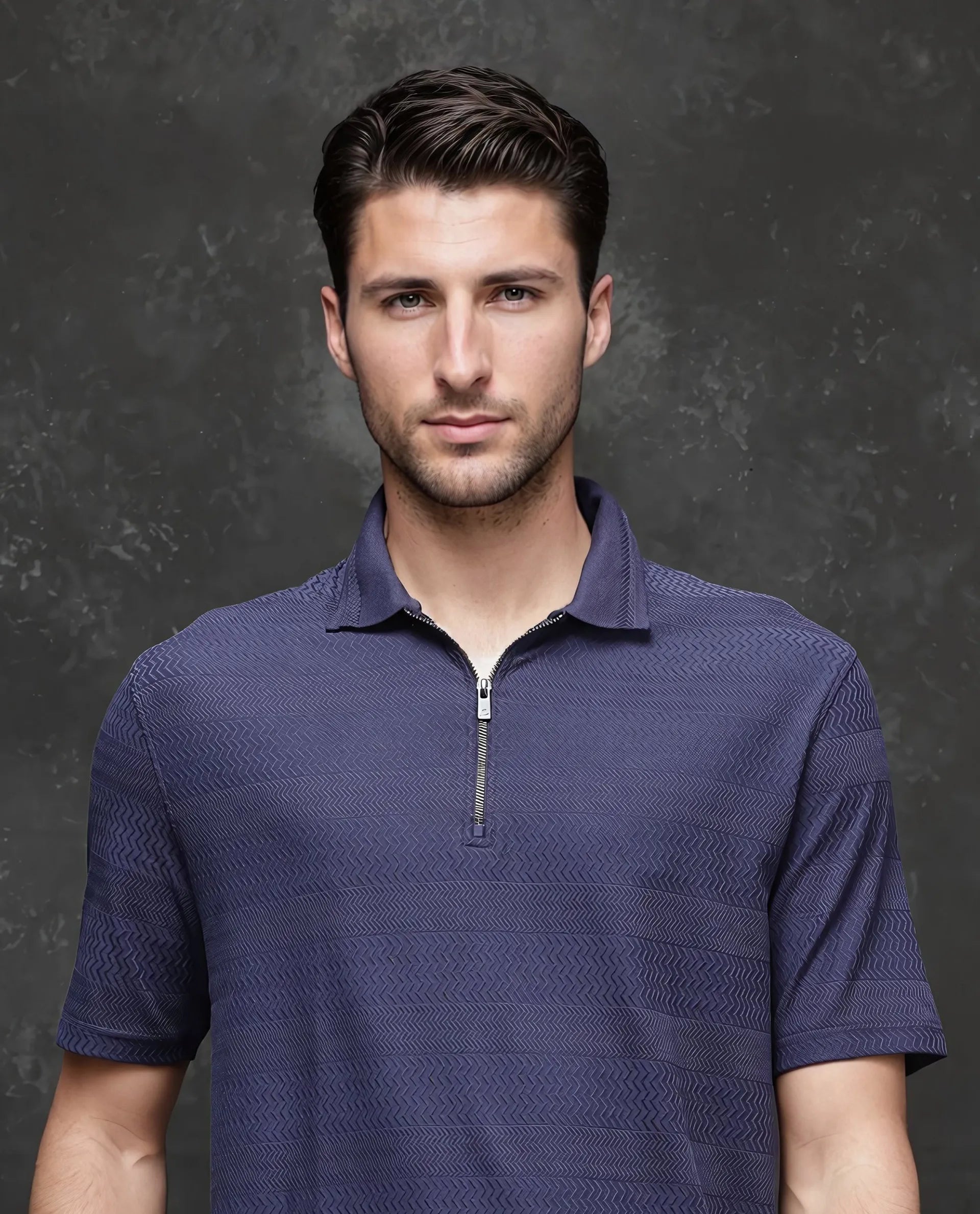 Rare Rabbit Men's Clion-1 Dark Blue Cotton Lycra Fabric Short Sleeve Collared Neck Zipper Closure Jacquard Polo