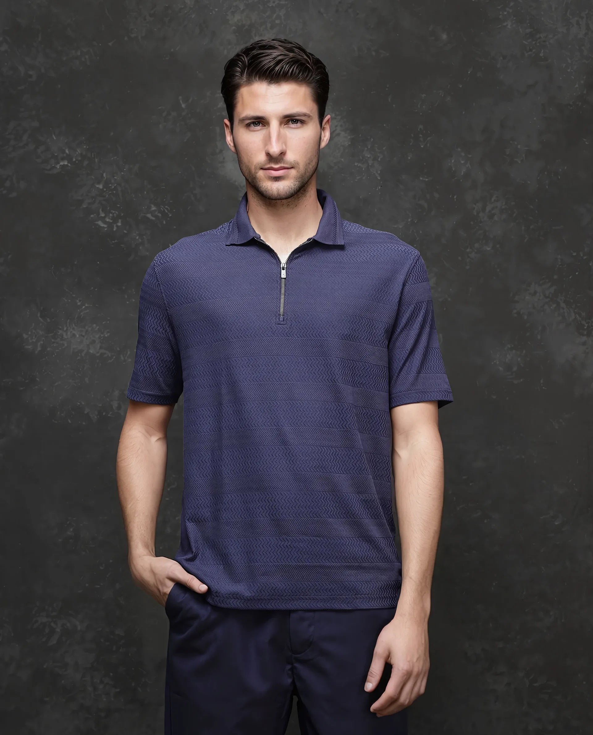 Rare Rabbit Men's Clion-1 Dark Blue Cotton Lycra Fabric Short Sleeve Collared Neck Zipper Closure Jacquard Polo