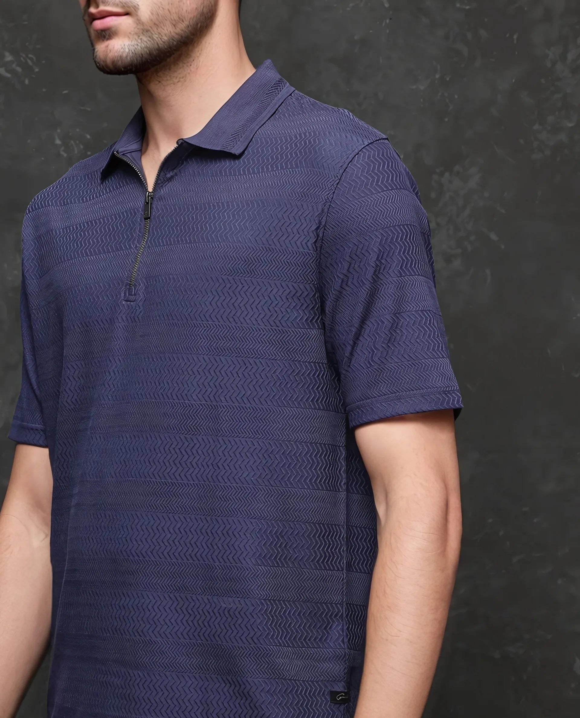 Rare Rabbit Men's Clion-1 Dark Blue Cotton Lycra Fabric Short Sleeve Collared Neck Zipper Closure Jacquard Polo