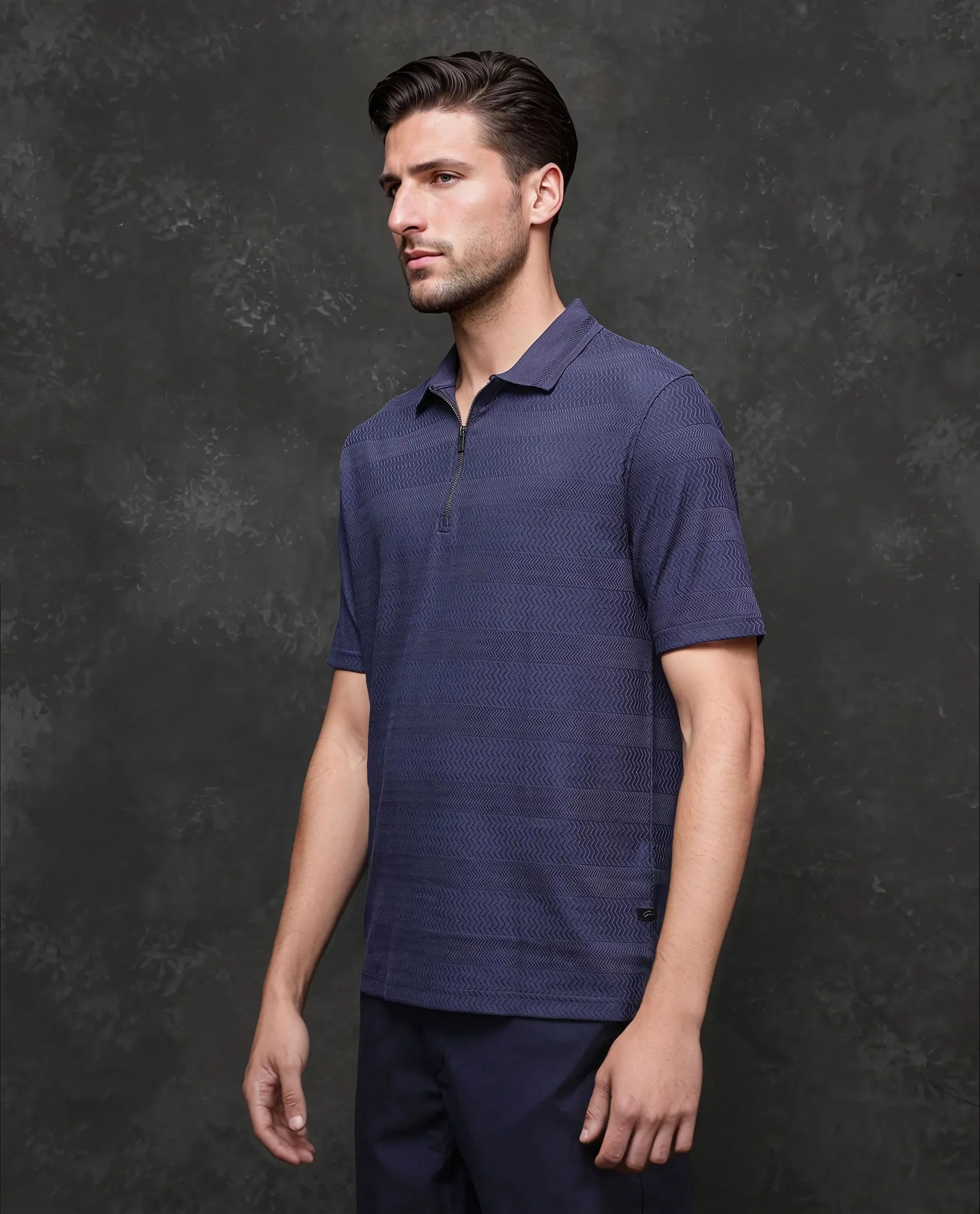 Rare Rabbit Men's Clion-1 Dark Blue Cotton Lycra Fabric Short Sleeve Collared Neck Zipper Closure Jacquard Polo