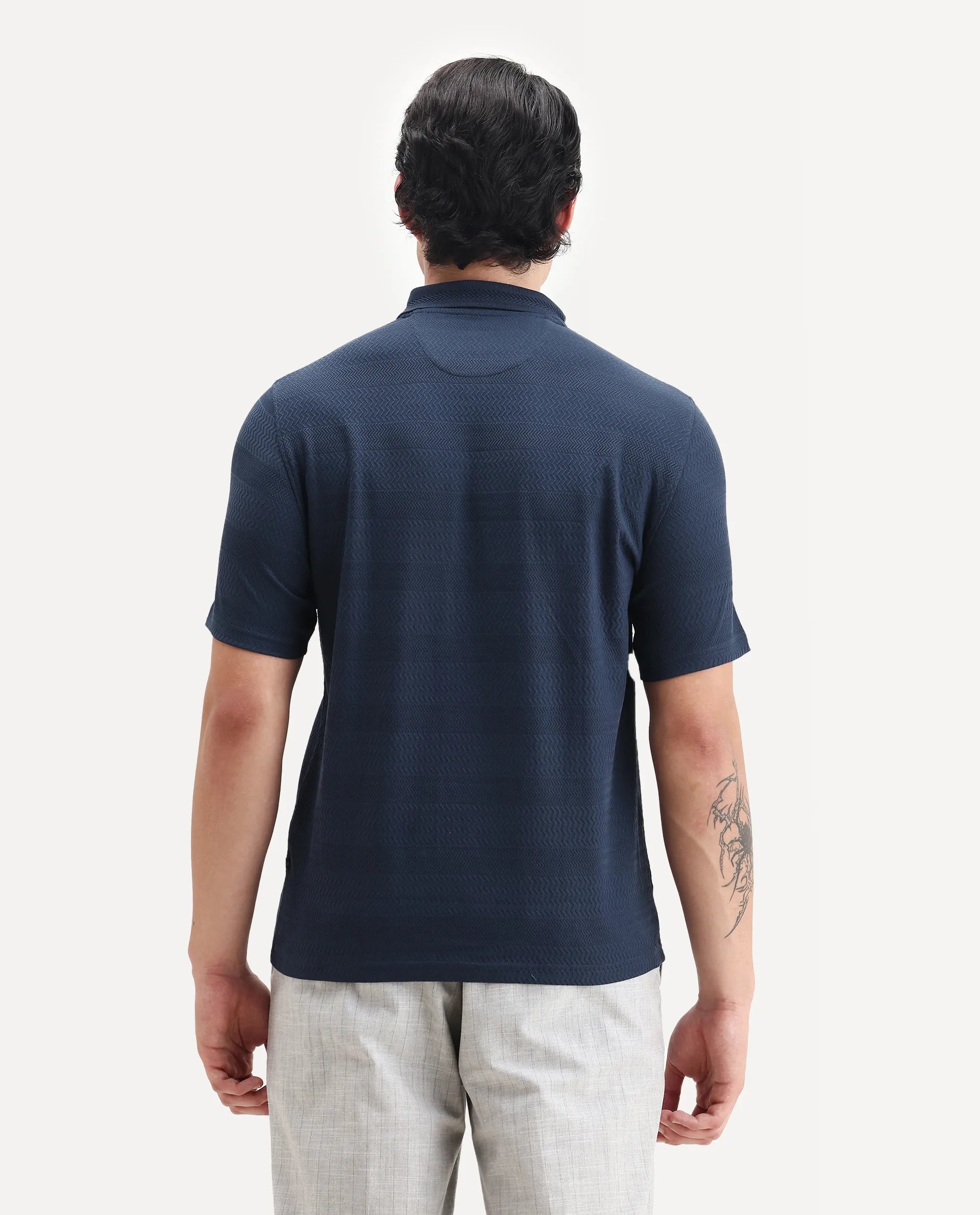 Rare Rabbit Men's Clion Dark Blue Cotton Blend Jacquard Regular Fit Half Sleeve Polo