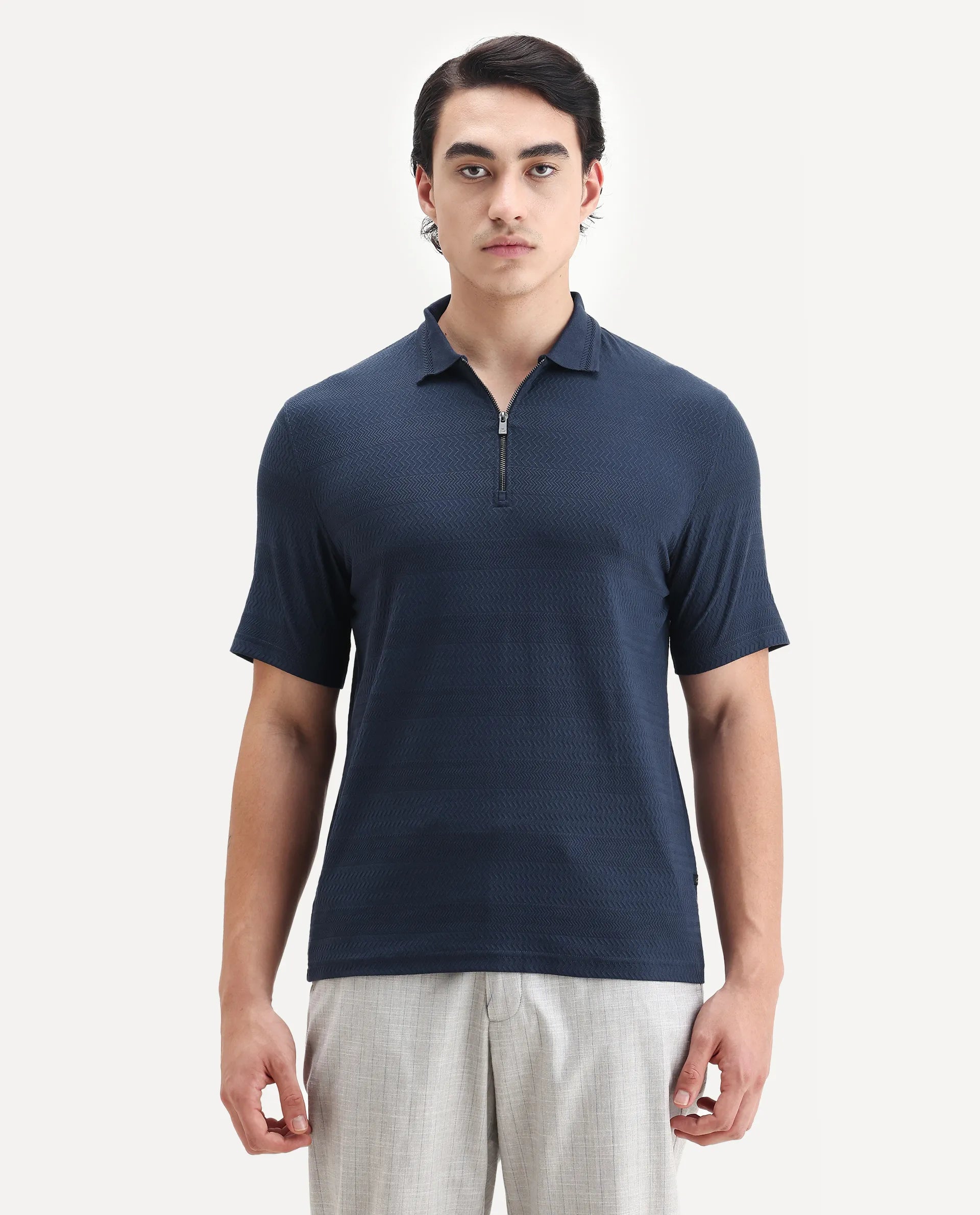 Rare Rabbit Men's Clion Dark Blue Cotton Blend Jacquard Regular Fit Half Sleeve Polo